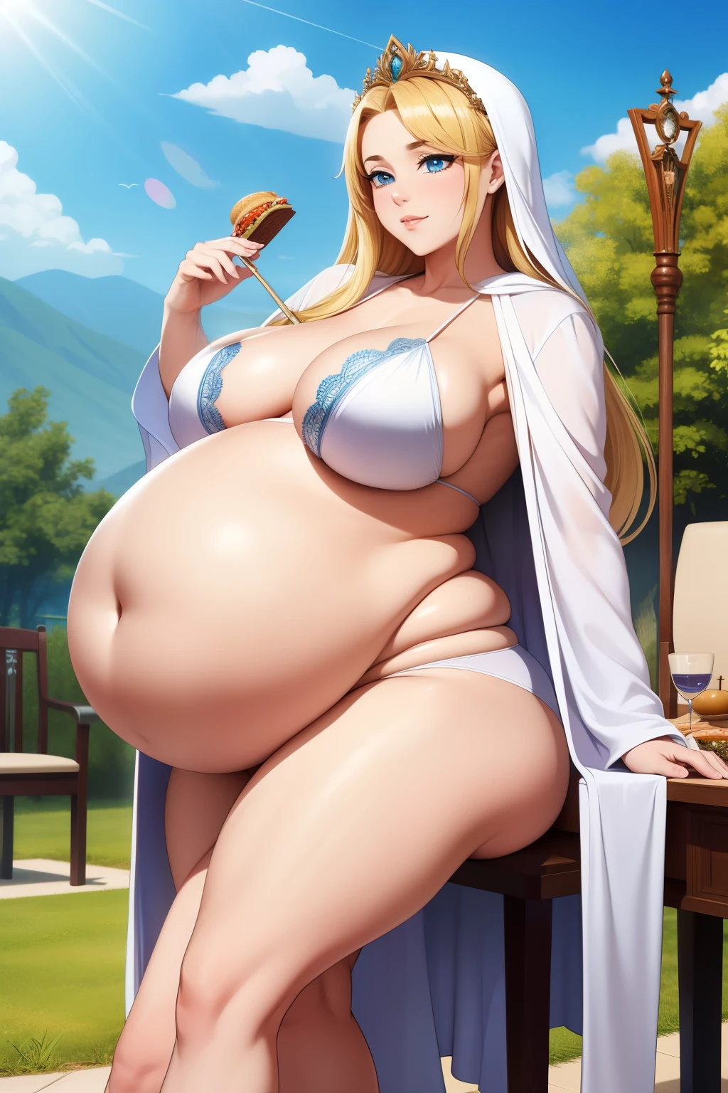 Masterpiece: superb super detailed goddess, white robe, long hair, blonde staff, sunshine, blue sky, big breasts, plump women, mature women, big belly, abnormally large belly, feast, table, chairs, chubby females backround