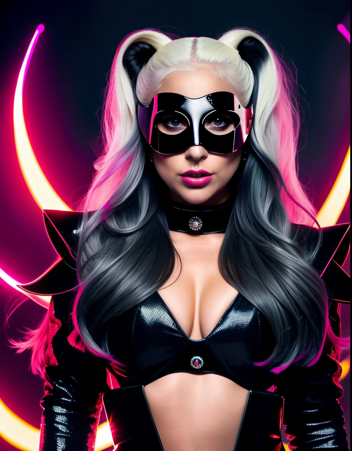 Lady GaGa con cuernos de demonio,cuerpo completo,textura 4K, cabello largo, calidad alta, cuerpo completo,varias poses corporales,rostro realista en 8k,peinado extravagante, mask in hd, imagen 8k, futurista, alta calidad de imagen, en la noche, accesorios en el cabello, imagen 8k, rostro realista en alta calidad, cuerpo completo, diferentes poses corporales, alta calidad en el rostro, rasgos definidos,HD, rostro realista y definido 4k, dramatic poses