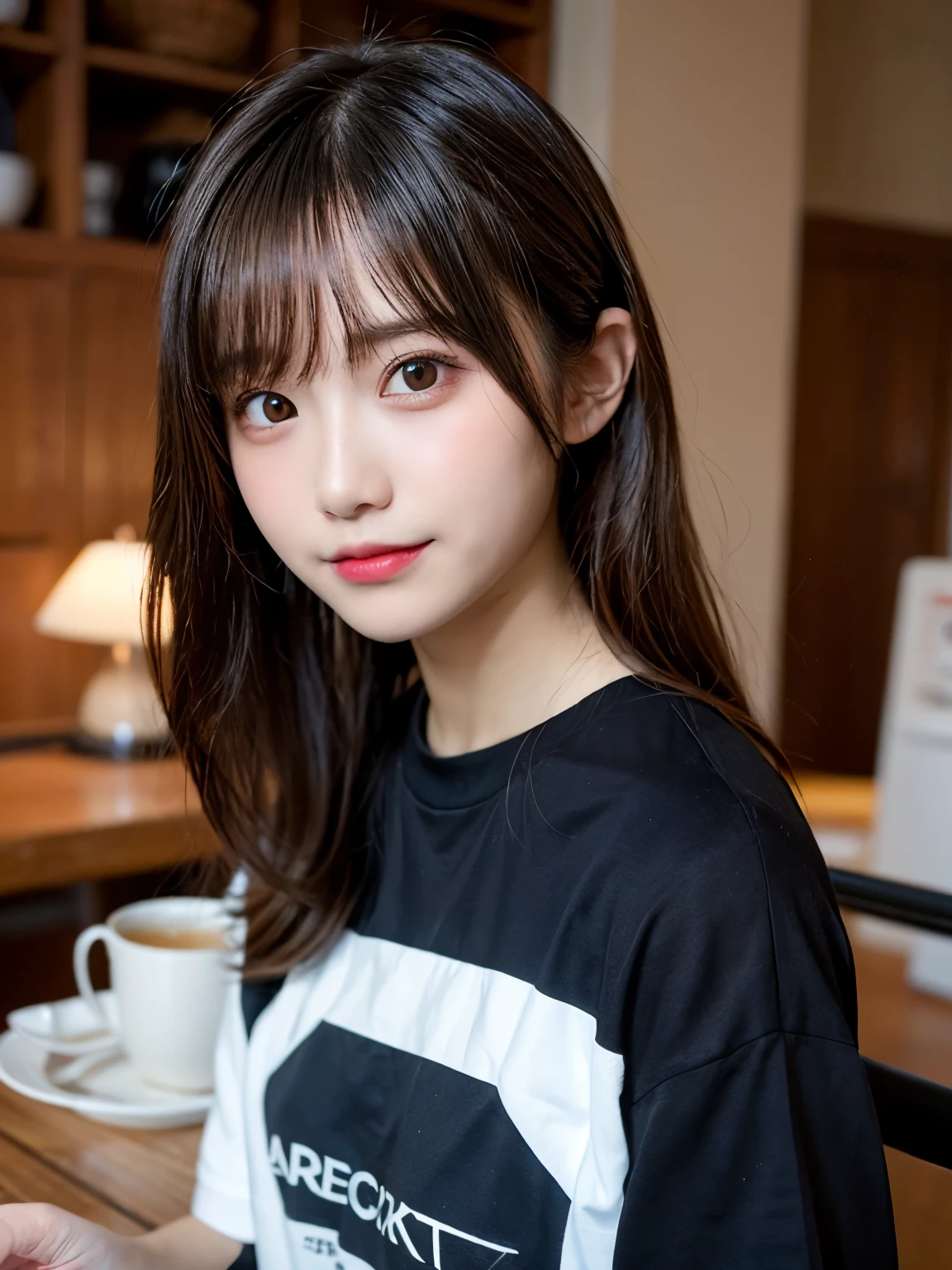 table top, highest quality, shape, Super detailed, finely, High resolution, 8k wallpaper, 完璧なダイナミックな構shape, finelyて美しい目, Wearing a black long T-shirt,medium hair,natural color lip, smile,Harajuku、teenage girl、cute、looking at the camera、C cup、brown hair、Blurred mountain campsite background