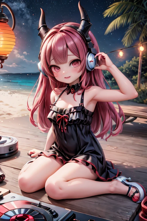 masterpiece, best quality, abrurdress, Selfie at (((Beach))) Party, a DJ ((horned vampiress)), red eyes, red smokey eyes makeup, red lips, ((elongated canines)), (((wearing big headphones))) with lanterns, DJ mixing, at night, starry sky, beach background, 