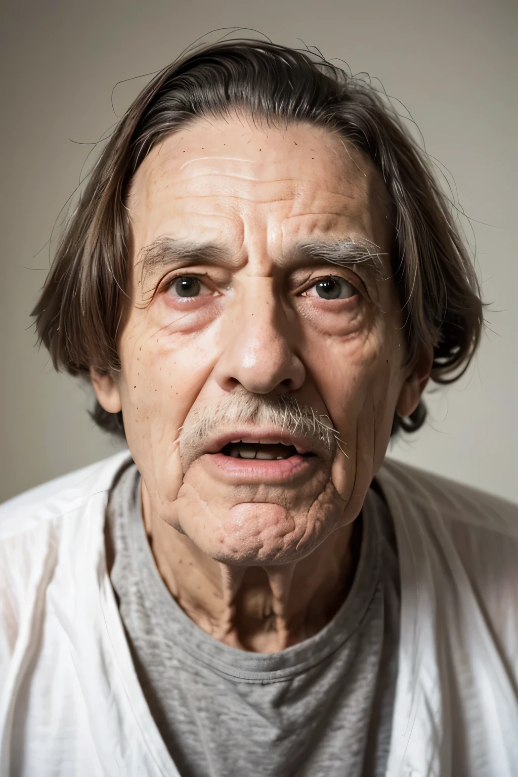Homem de 80 anos enrrugado, com cabelo comprido, peculiar face and funny expression 