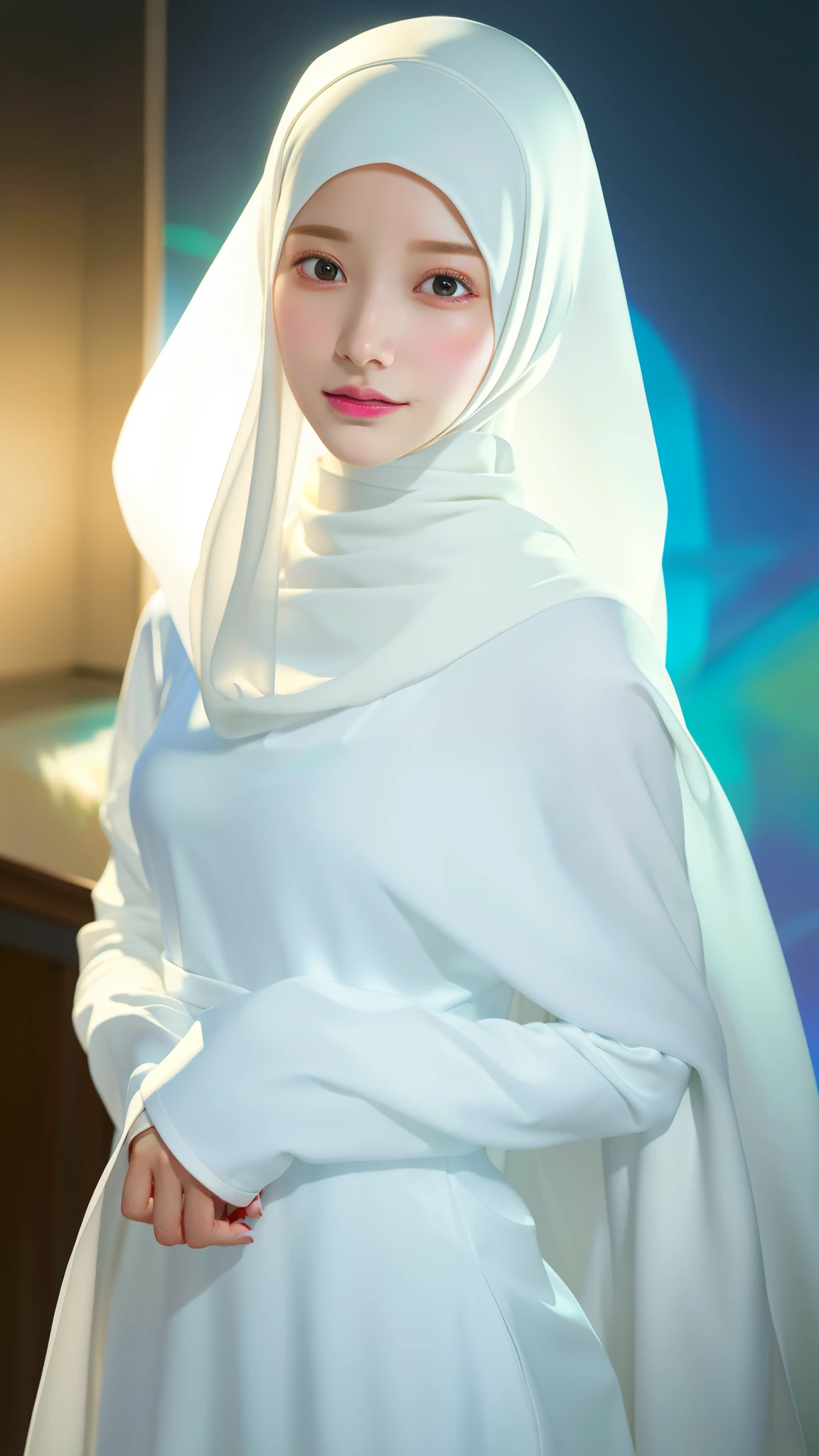 Alafe woman with long hijab and white long dress posing for photo、a hyperrealistic painting inspired by Yanjun Cheng、Trending on ArtStation、surrealist、Cute Realistic Portrait、Surreal beautiful face、Surreal anime、Surreal Faces、a hyperrealistic 、[ 4K Photorealism]!!、Photorealistic beautiful face、Realistic Digital Art 4k