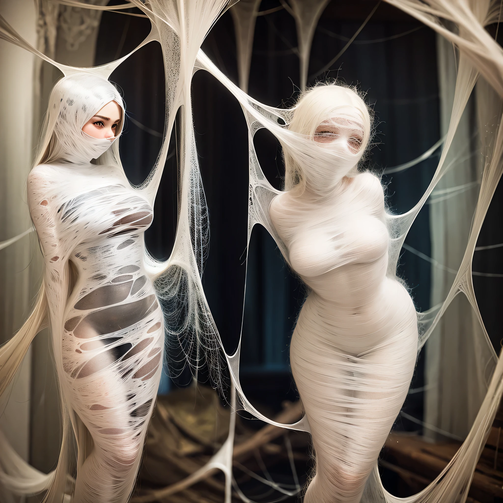 a girl entangled in the spider web, struggle, detailed classroom, (cocoon:1.3), spider web, hanging, spider in the web, spider
