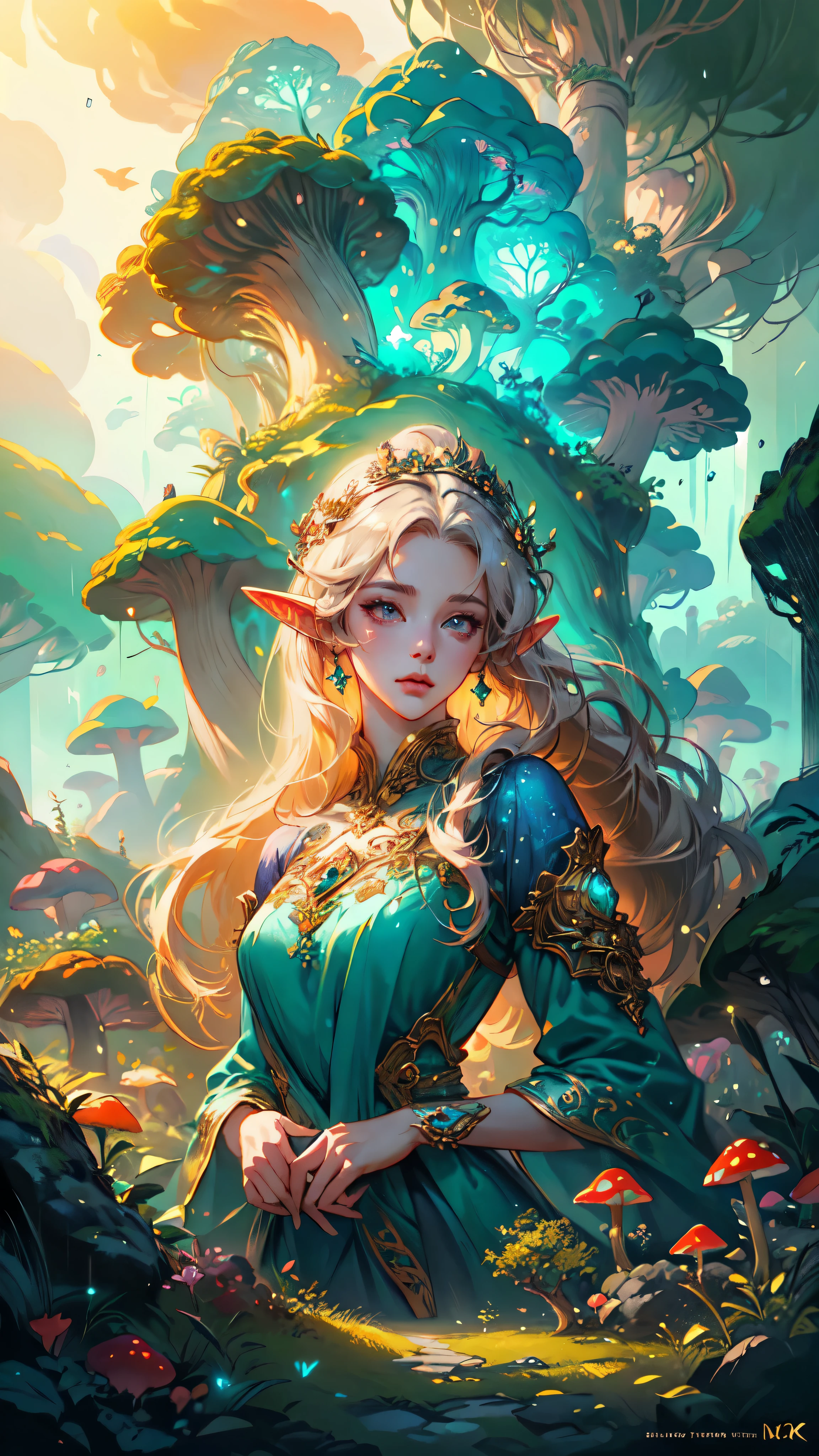 a woman, detailed face, detailed eyes, detailed hands, neon color, with long hair and a blue dress standing in a forest, extremely detailed artgerm, fanart best artstation, detailed digital anime art, 8k high quality detailed art, anime fantasy artwork, epic fantasy art style, fantasy art style, advanced digital anime art, an elf queen, rossdraws sakimimichan, trending on artstation pixiv, background, (Realistic:1.5) EdobFairyTaleLandscape, stream, mushroom, leaf, floating island, rain, sunbeam, bird, forest, lamppost, building,