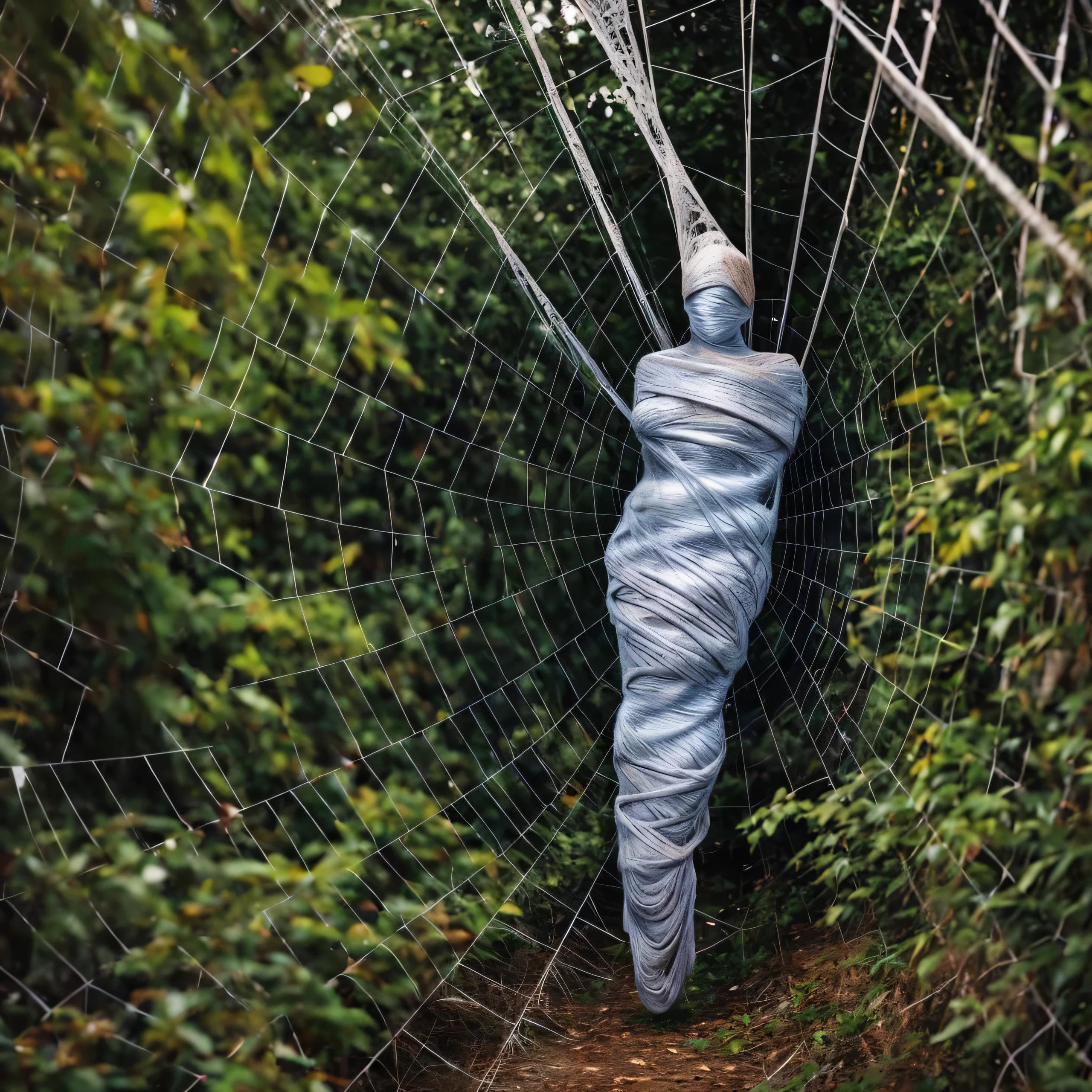 a girl entangled in the spider web, struggle, detailed classroom, (cocoon:1.3), spider web, hanging, spider in the web, spider