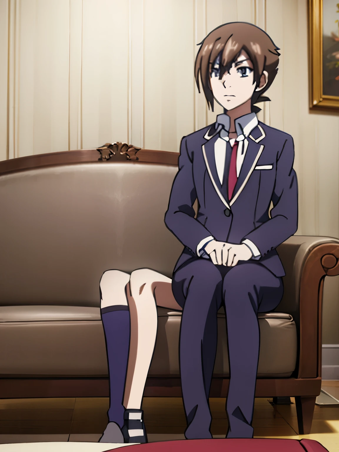 (1) A male and female couple are sitting on a sofa.. (2) Esa mujer es una chica de secundaria., Tiene cabello morado y viste un uniforme de secundaria con minifalda... Touka kirishima (3) the man wears normal clothes brown hair brown eyes Issei hyoudou (4) ambos se estan riendo. (5) The location is the sofa in the living room of the apartment... ⑥ Draw the composition from the front...