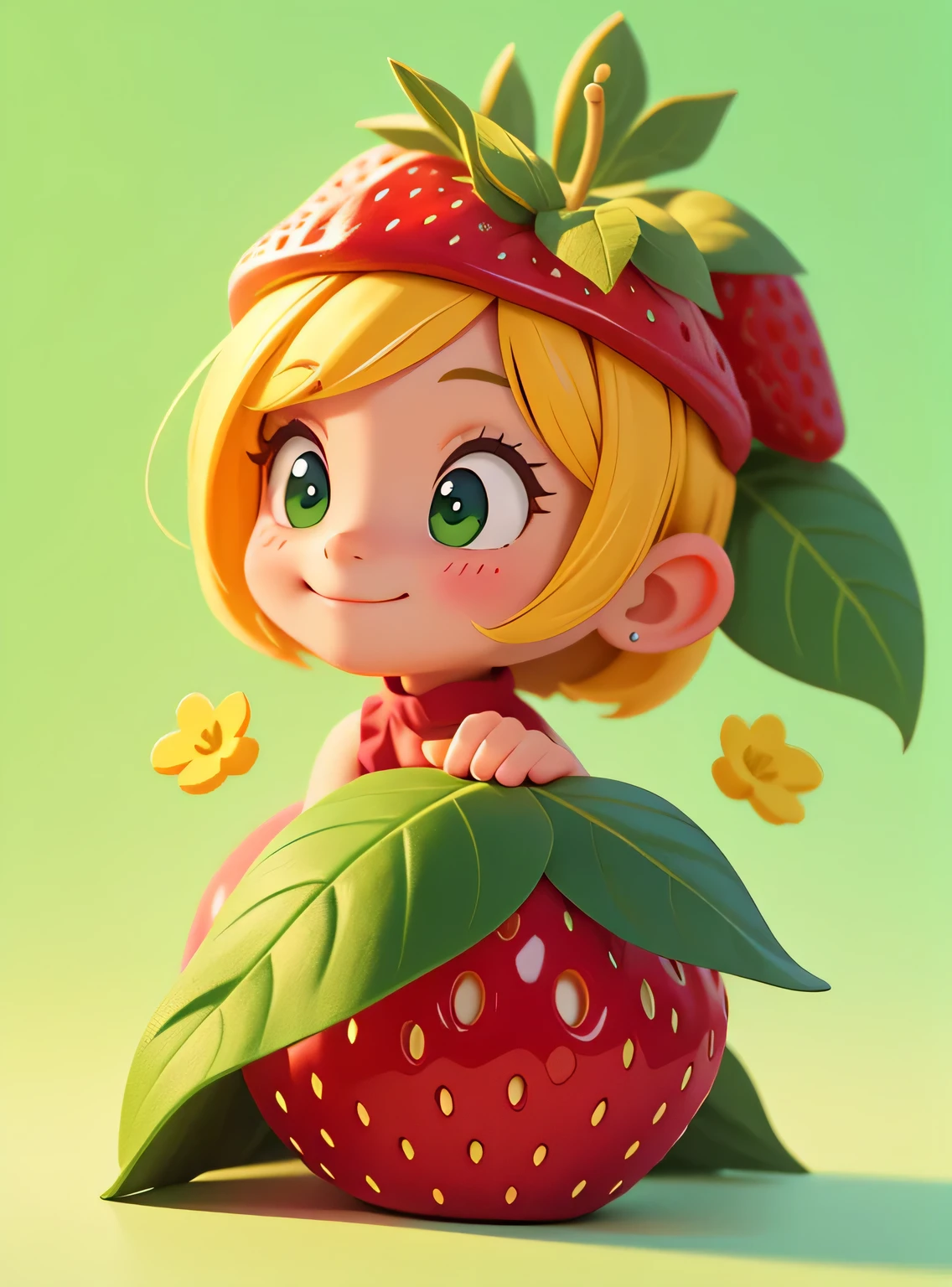 A small smiling strawberry with cute leaves and a friendly expression sticker :: Fruity and kind :: Red and green colors with cute expressions :: Adesivo 2D