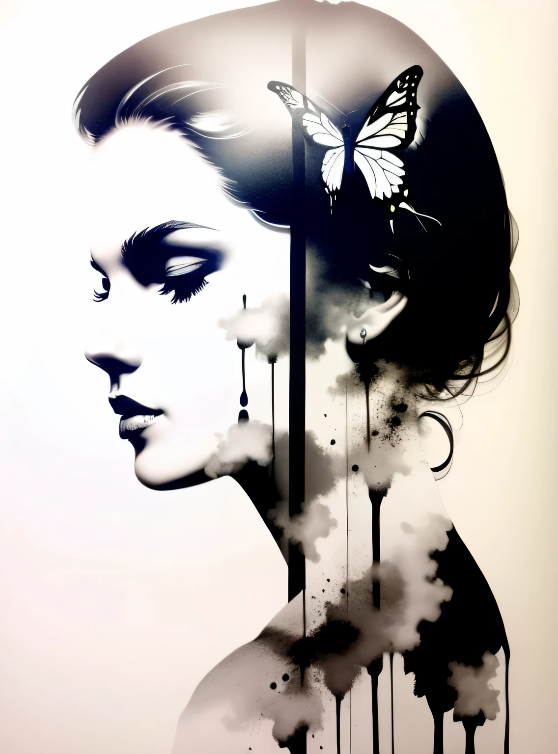(Double exposure),1 garota,fundo branco,(Sozinho),( pintura a tinta),gotejamento,(borboleta,melhor qualidade