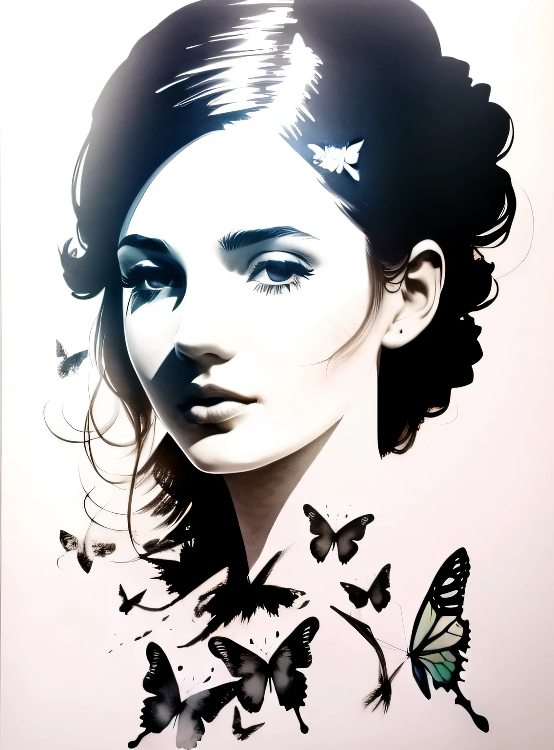 (Double exposure),1 garota,fundo branco,(Sozinho),( pintura a tinta),gotejamento,(borboleta,melhor qualidade