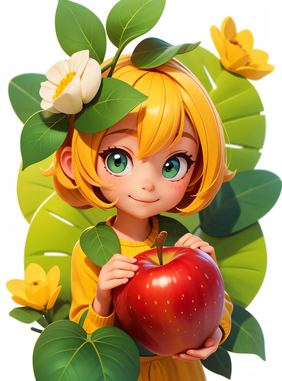A small smiling apple with cute leaves and a friendly expression sticker :: Fruity and kind :: Red and green colors with cute expressions :: Adesivo 2D