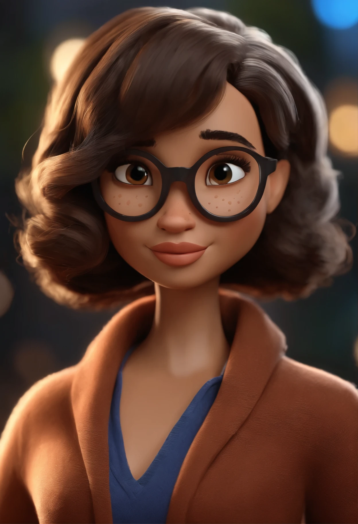Cartoon character of an adult brown woman with short hair with black glasses and a blue shirt, animation character, Caractere estilizado, animation style rendering, 3D estilizado, Arnold Maya rendering, Stylized 3D rendering, toon render screenshot, Personagem 3D, Personagem 3D, Stylized 3D rendering, 3D character rendering, personagem de desenho animado, Personagem de close up, Pose de personagem, (Estilo Pixar) (Parte Mestre:1.2) (bokeh) (melhor qualidade) (pele detalhada) (textura detalhada) (8K) (argila) (Cinematic lighting) (sharp focus