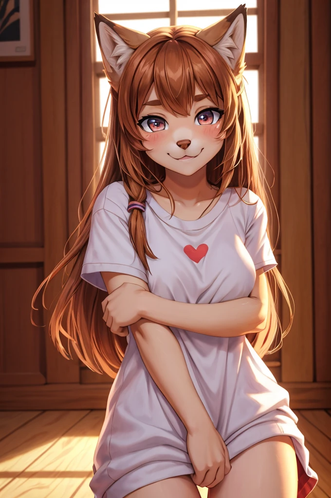 Ultra-detailed, 8k, furry, cute furry, furry girl, tall, cute face, looking at you with a blushed expression, cute wolf girl, fuzzy fur, portrait, vivid colors, soft lighting,doing the doggy stile pose, from behinde