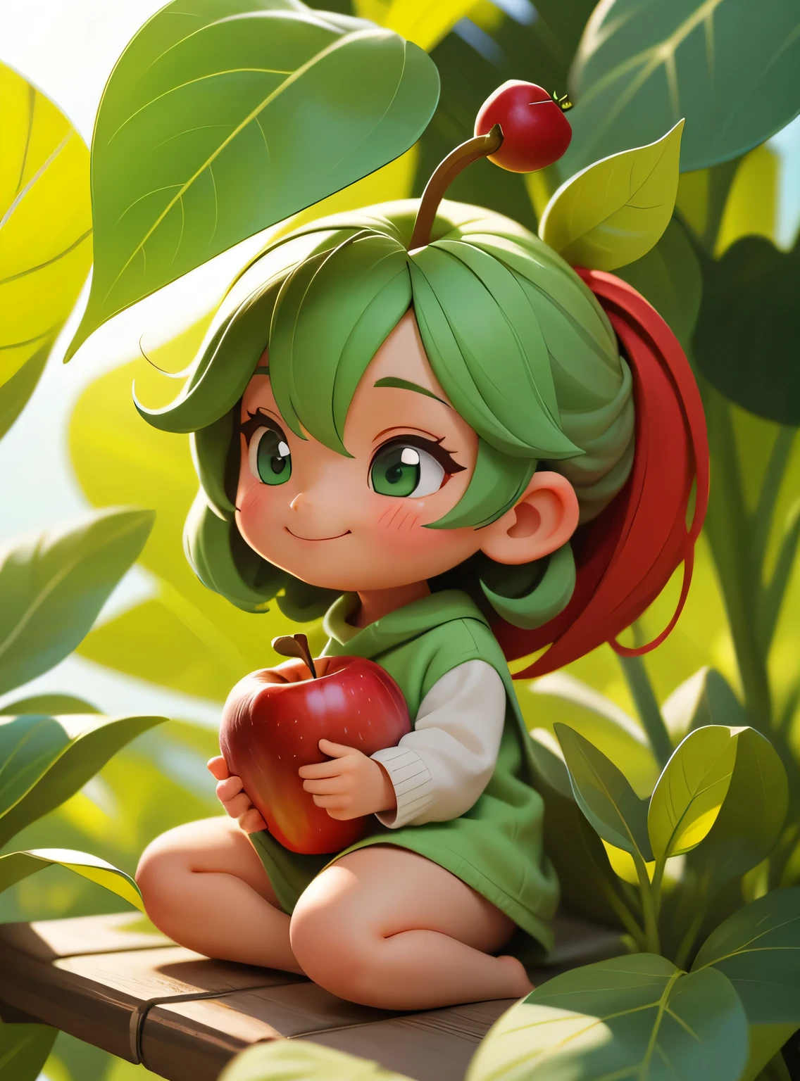 A small smiling apple with cute leaves and a friendly expression sticker :: Fruity and kind :: Red and green colors with cute expressions :: Adesivo 2D