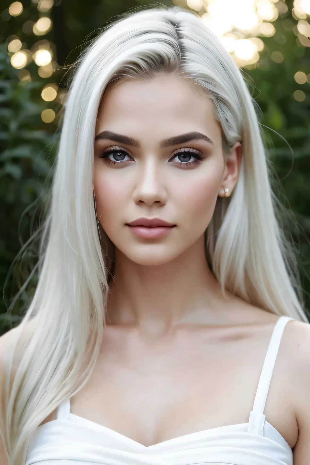 obra de arte, Mais alta qualidade, (Sozinho focus), (rosto perfeito:1.1), (alto detalhe:1.1), (olhos hiper detalhados), dramatic, A guy with pale skin and long voluminous white hair, olhos brancos, Sozinho, Cabelo longo, Sephiroth, Lua, noite, terno de luxo branco, umbigo coberto, pouty lips, pelagem, arrogant expression, Jardim de rosas, fundo detalhado, arte por artgerm, cinematic lighting, rosas, moda, BalenciagaStyle