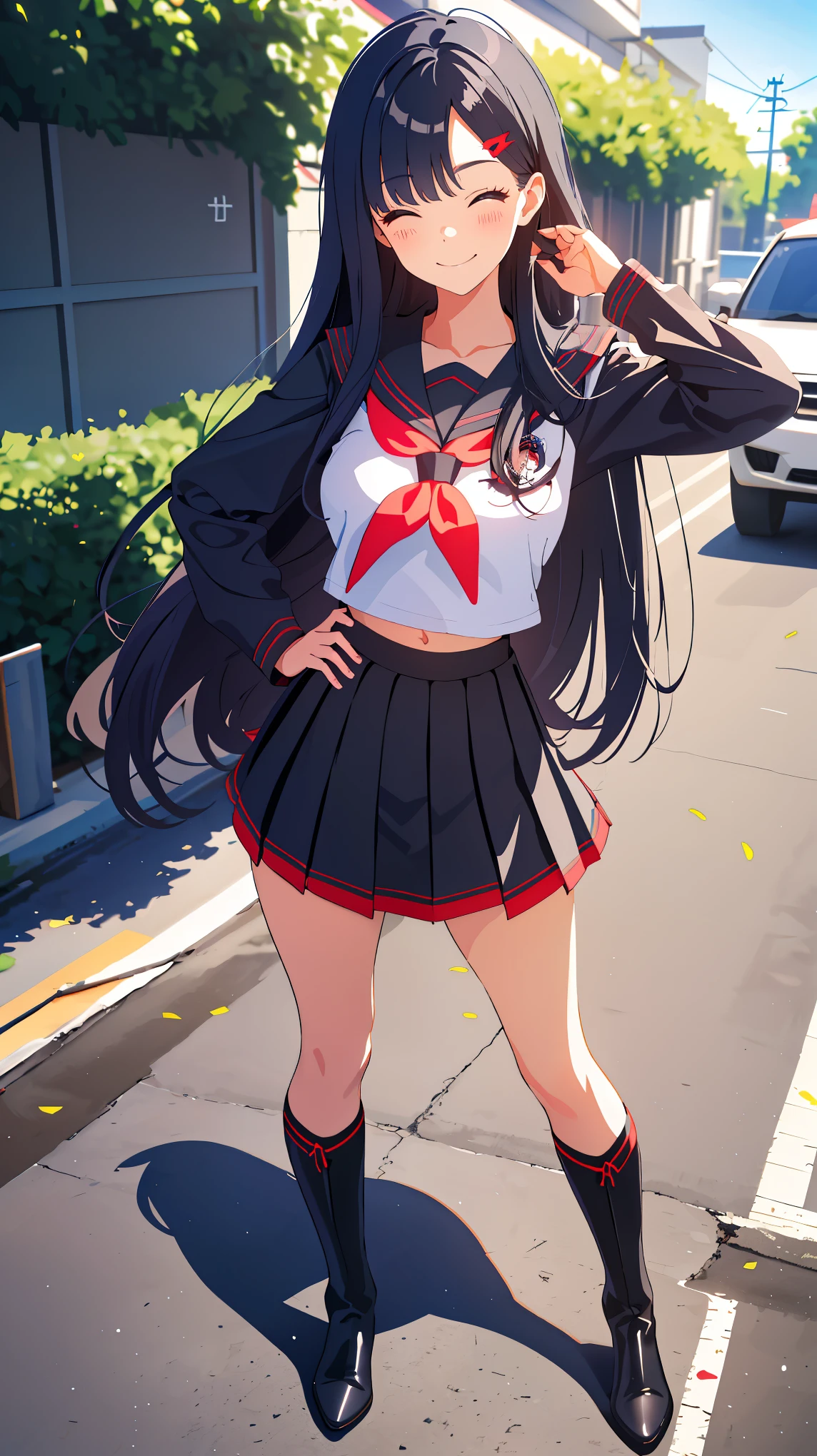 Masterpiece, best quality, high resolution, 1 girl, Ichika , long straight black hair , Close your eyes. , smile , sailor shirt , short skirt , boots, full body , sly face , abdomen , big breasts , stand on your hips..., roadside