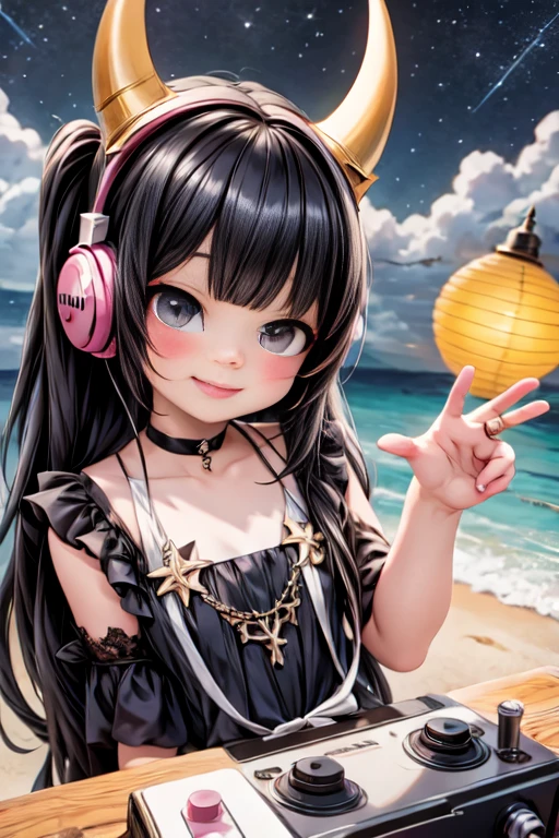 masterpiece, best quality, abrurdress, Selfie at (((Beach))) Party, a DJ ((horned vampiress)), ((elongated canines)), (((wearing big headphones))) with lanterns, DJ mixing, at night, starry sky, beach background,