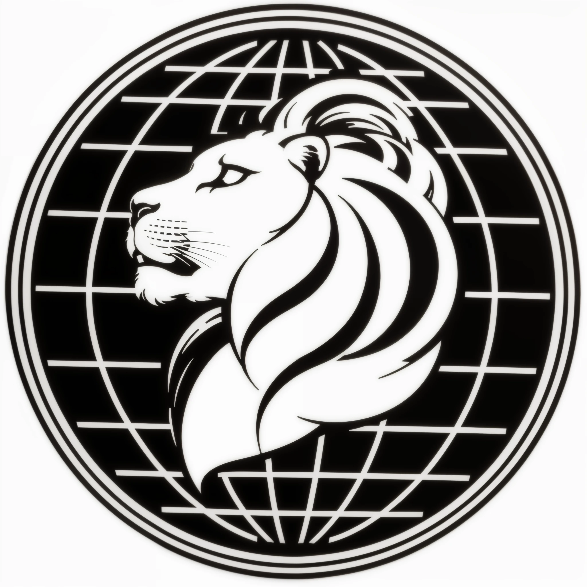 A lion head logo in a globe with meridians, facing right, modern logo, white vector, black background