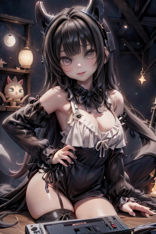 masterpiece, best quality, abrurdress, Selfie at (((Beach))) , a DJ ((horned vampiress)), ((elongated canines)), (((wearing big headphones))) with lanterns, DJ mixing, at night, starry sky, beach background,