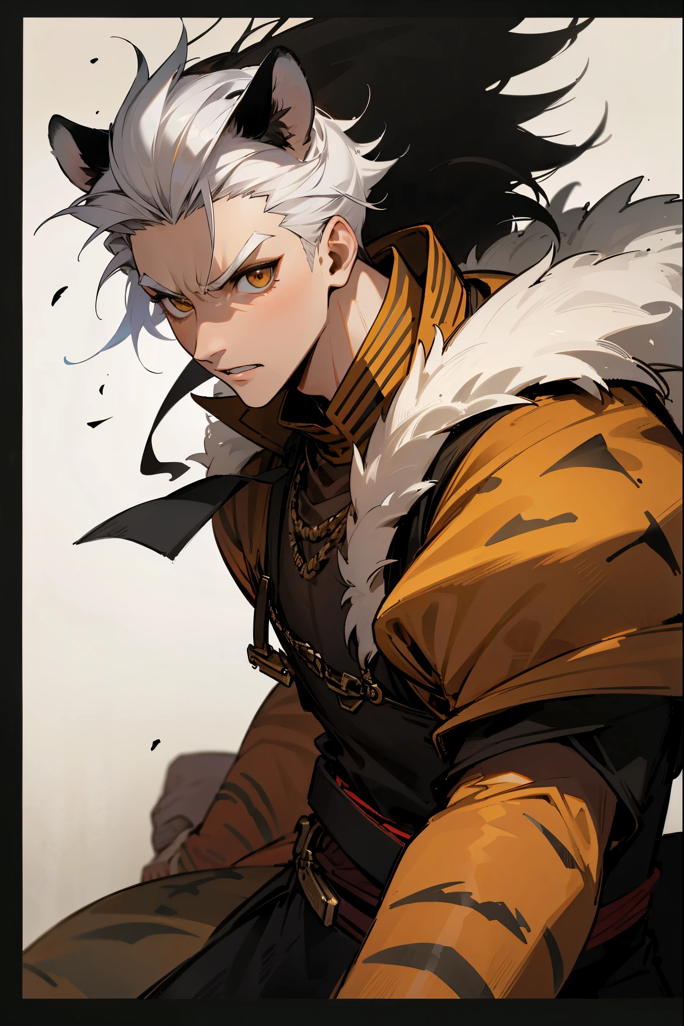 1male, black and white hair, short spikey hair, tiger print hair, old medieval clothing, tiger print clothing, fury eyes, guild hall background, detailed background, serious expression, standing on path