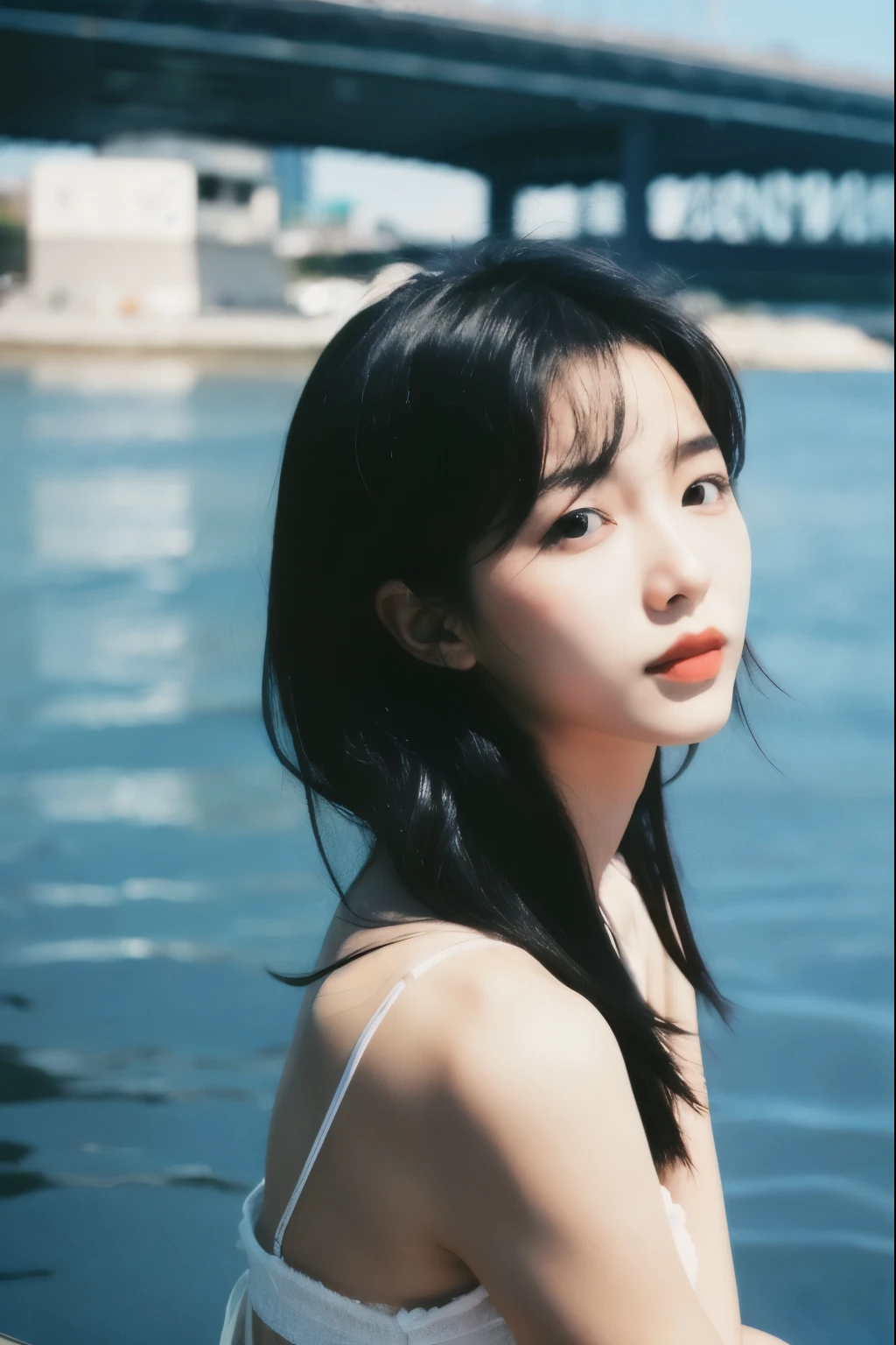 Photo of a Beautiful Korean kpop idol Woman, Summer, Lustful, film grain,realistic ,full picture,  naked  asian woman, spreading her pussy lips,  soles of her feet in the air