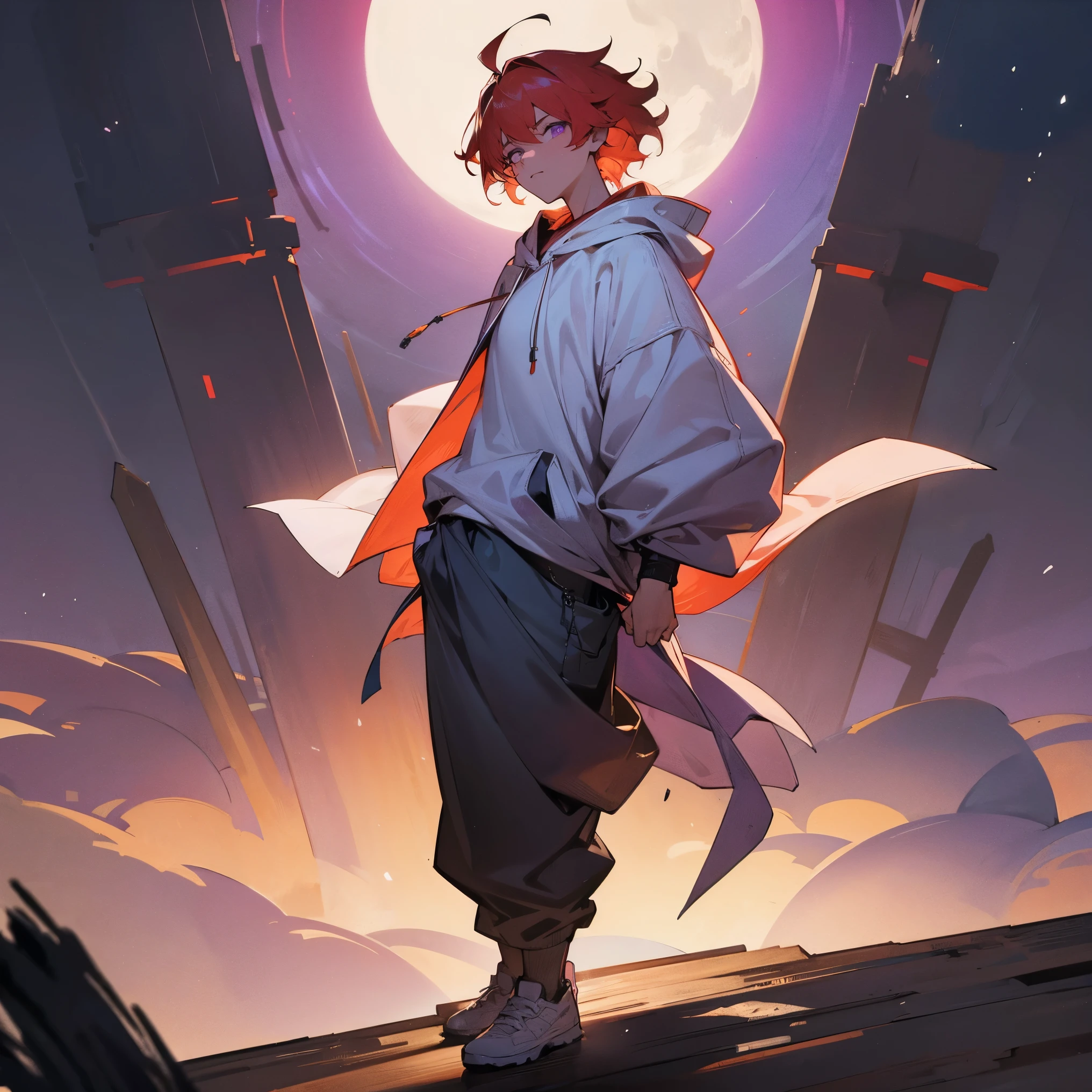 1male, adult, finely detailed lavender eyes, medium messy hair, pale red hair color, loose oversized hoodie, loose baggy pants, standing with arms folded, standing on open trail, night, village, muscular, serious