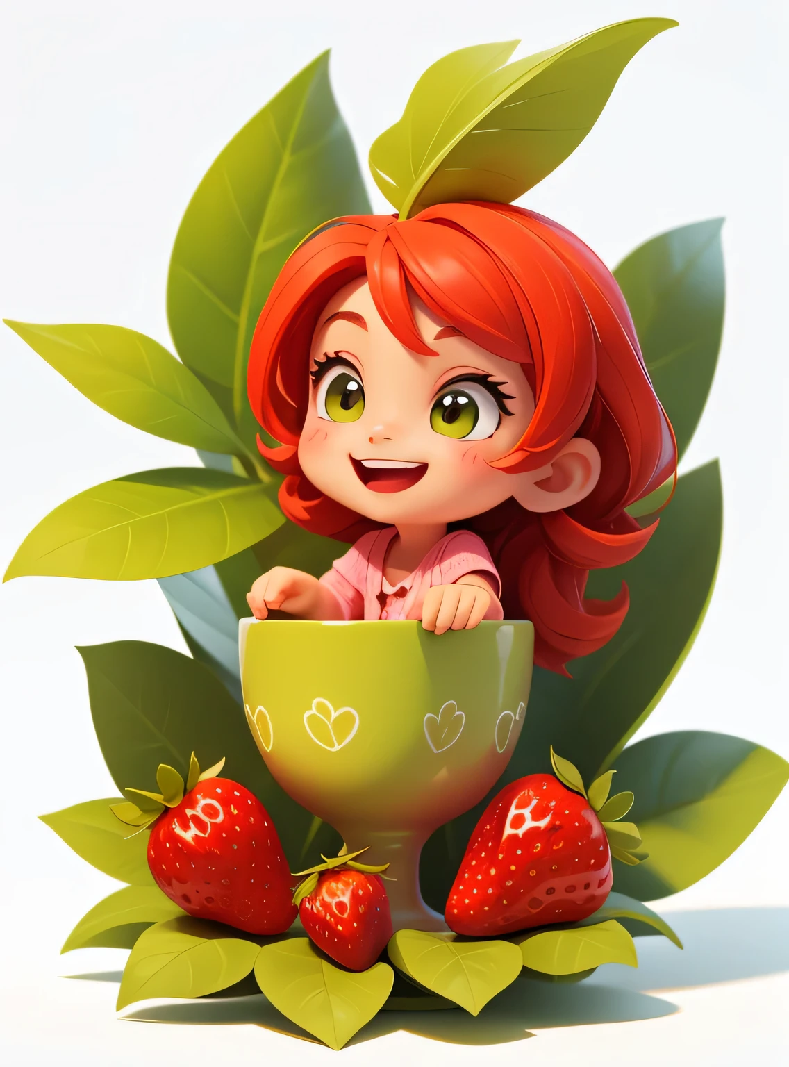 A small smiling strawberry with cute leaves and a friendly expression sticker :: Fruity and kind :: Red and green colors with cute expressions :: Adesivo 2D