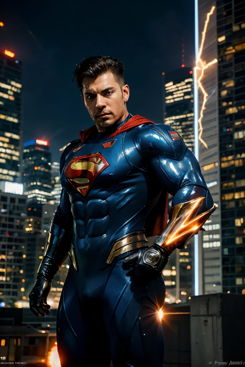 (highres,ultra-detailed),Super man fused with mega man,portraits,realistic,mixed character,sharp focus,colorful lighting,physically-based rendering,professional,superhero,armor,suit,futuristic city,glowing eyes,powerful pose,action-packed scene,vibrant colors,energy blasts,electricity sparks,metallic textures,shiny surfaces,dynamic composition,urban backdrop,high-tech gadgets,advanced technology,flying,super strength,heroic,brave,confident,protecting the city,captivating artwork.