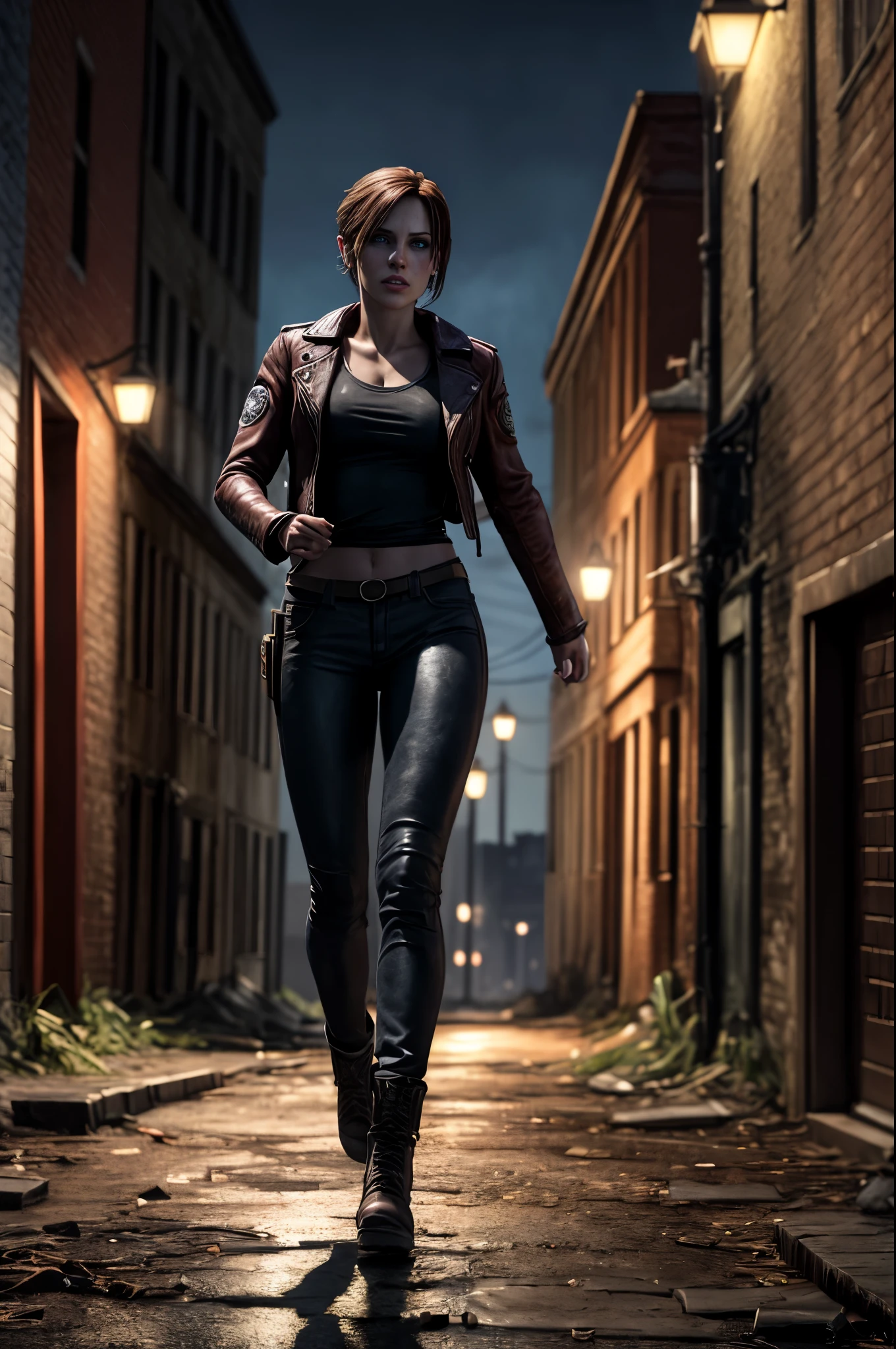 Realistic photo of a very beautiful and captivating Claire Redfield from Resident Evil 2. Beautiful face. short brown hair. Beautiful body. Wearing a black shirt with red leather jacket. Blue jeans pants. Walking on the dark street. At night. Jurassic apocalypse. Ruined city. running from dinosaur, dinosaur chasing claire, Cinematic lightings. Volumetric lightings:1.4,masterpiece:1.3, realistic photo:1.3, 16K. RTX on. Cinematic scene. Horror ambience.