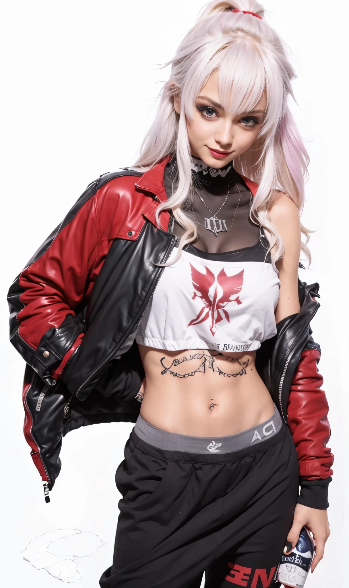 beautiful girl, dark skin, platinum white hair, red eyes, medium breasts, lewd smile, the tattoo