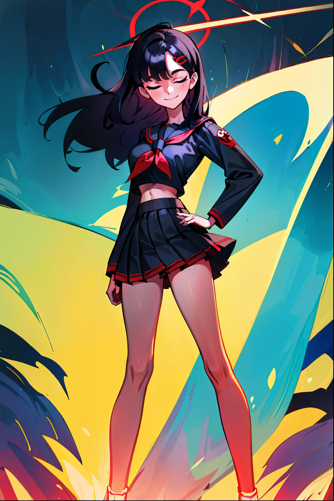 Masterpiece, best quality, high resolution, 1 girl, Ichika , long straight black hair , Close your eyes. , smile , sailor shirt , short skirt , sly face , abdomen , big breasts , Long legs , stand on your hips..., roadside