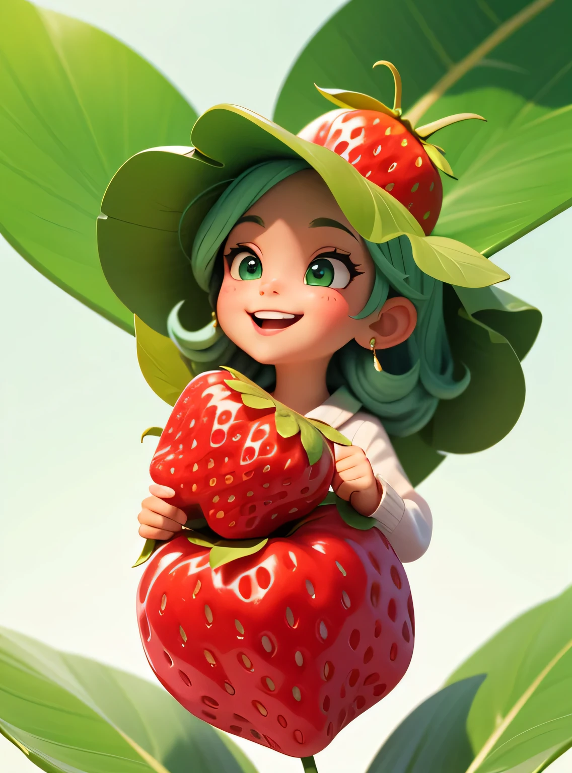 A small smiling afro strawberry with cute leaves and a friendly expression sticker :: Fruity and kind :: Red and green colors with cute expressions :: Adesivo 2D
