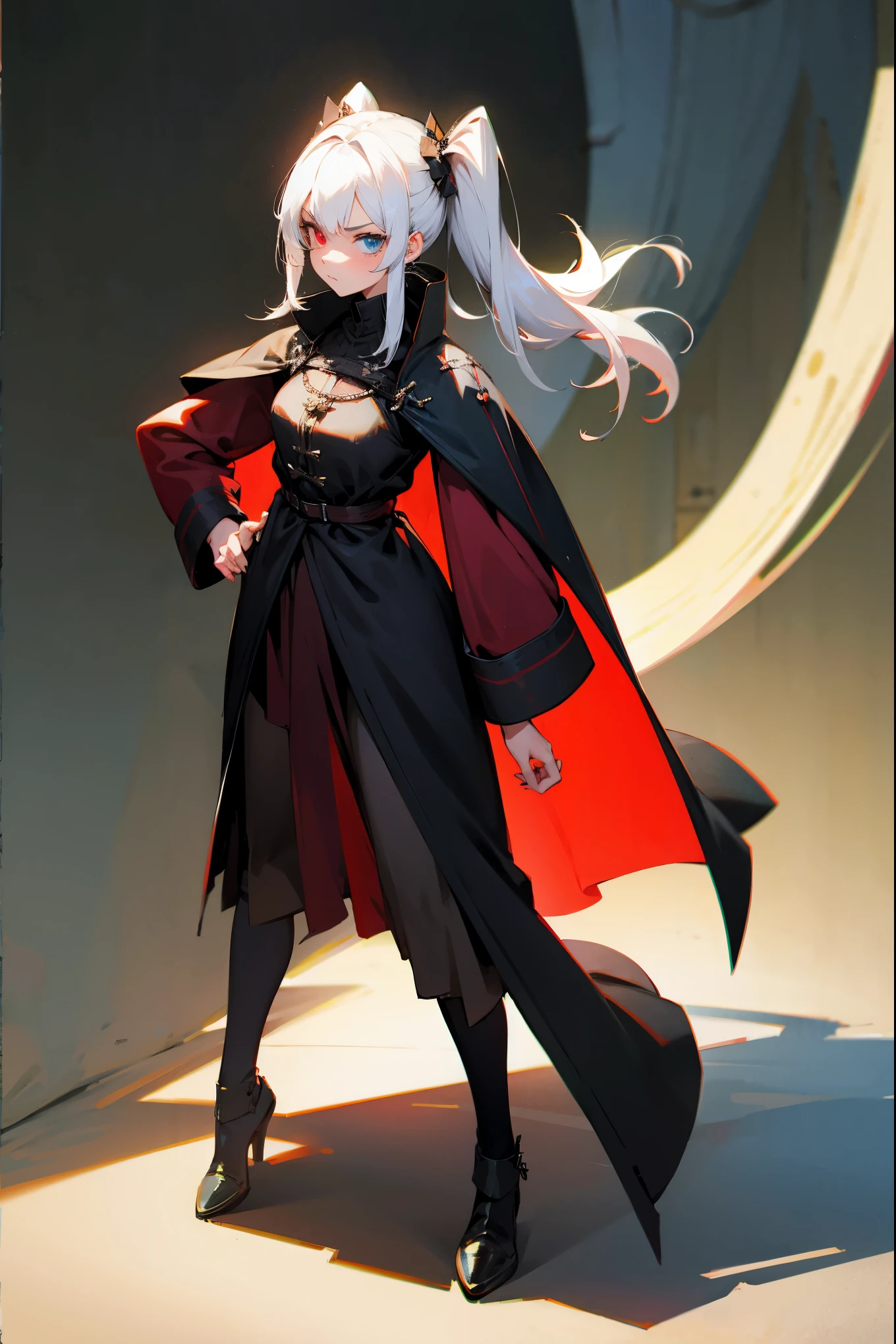 1female, two toned hair, white and black split hair, twin pony tails, heterochromia, old medieval clothing, red and black clothing, tight clothing, baggy overcoat, guild hall background, detailed background, angry expression, standing on path