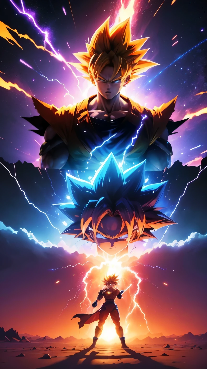 Super Saiyan Goku unleashes a massive energy wave while standing in a desert field after battle, the surroundings are filled with lush greenery, and the sky is a mix of blue and white hues. The energy wave is bright purple with glowing gold colored electric sparks around it. (anime:1.2), (dramatic lighting:1.1), (vibrant colors:1.3), (cell-shaded:1.1), (dynamic composition:1.2), dynamic lines