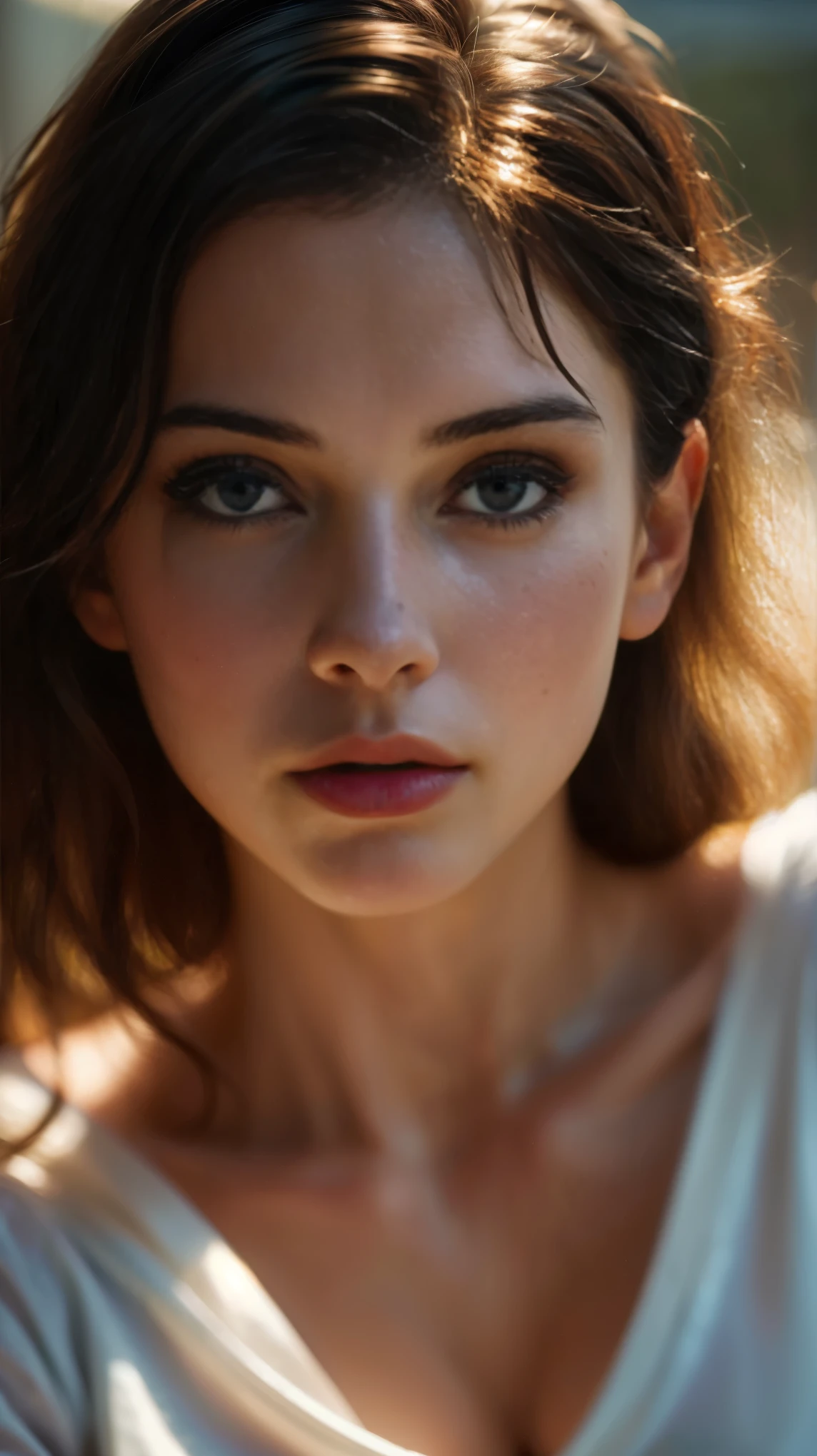 (((ultra realistic))) Photo, masterpiece, top quality, (pale skin), (Ultra detailed face and eyes:1.3), 1 girl, Adult, in a T-shirt, full body, (Eye makeup, mascara) , ((large detailed lips)), ((ash wavy hair)), ((Chyolka)) , (Natural breasts), Slim waist. ((Posing)), photoshoot, studio (soft lighting), (The play of light and shadows), depth of field, bokeh, (special attention to skin detail: 1.2), Detailed leather texture, skin pores. (Airy atmosphere of the frame. Color range - delicate, Bright, white, Pink tones), UDR, ((Film grain)), ((rays)), ((glare of the sun)), ((waist up portrait, close to the camera)) , ultra detialed, 