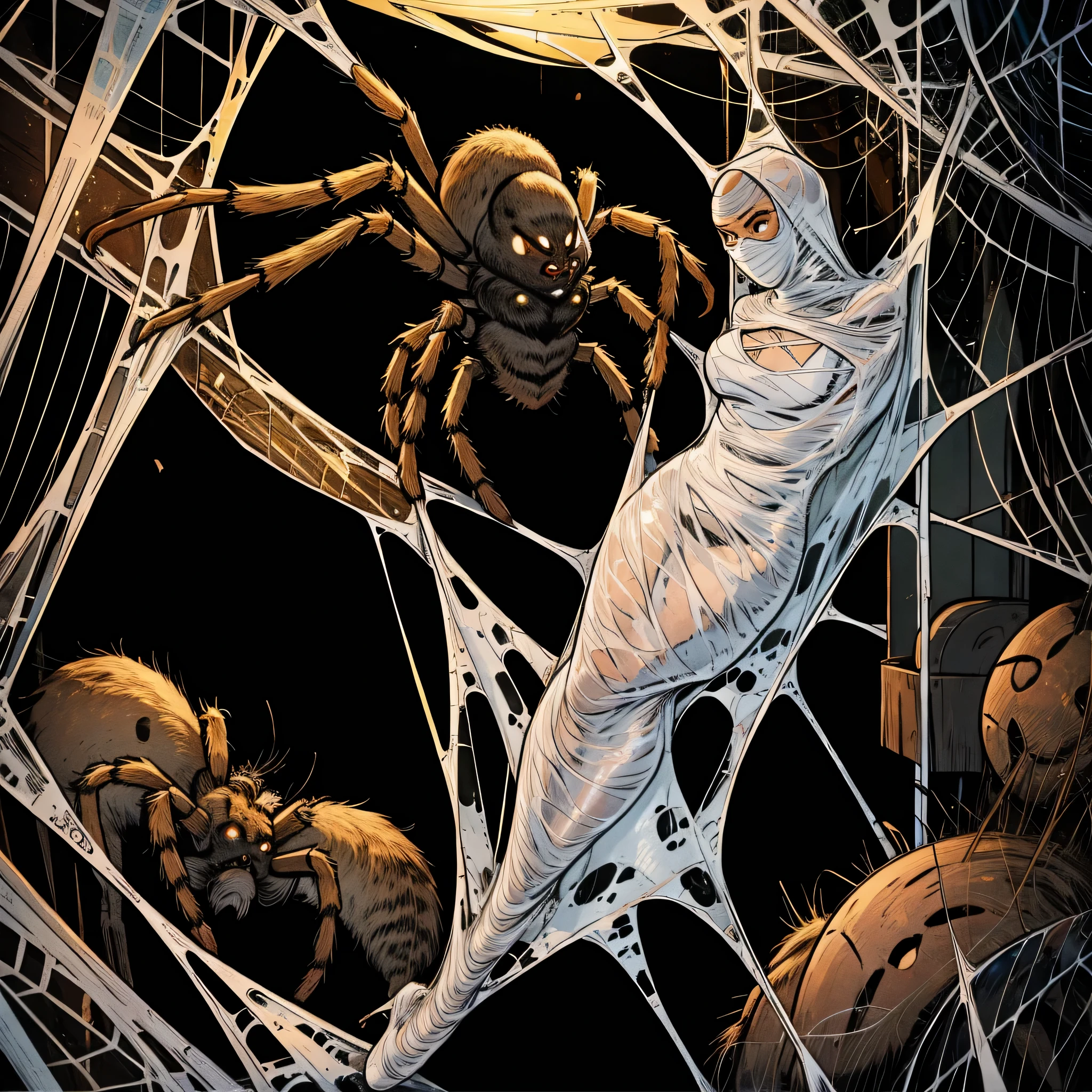 a girl entangled in the spider web, struggle, detailed classroom, (cocoon:1.3), spider web, hanging, spider in the web, spider