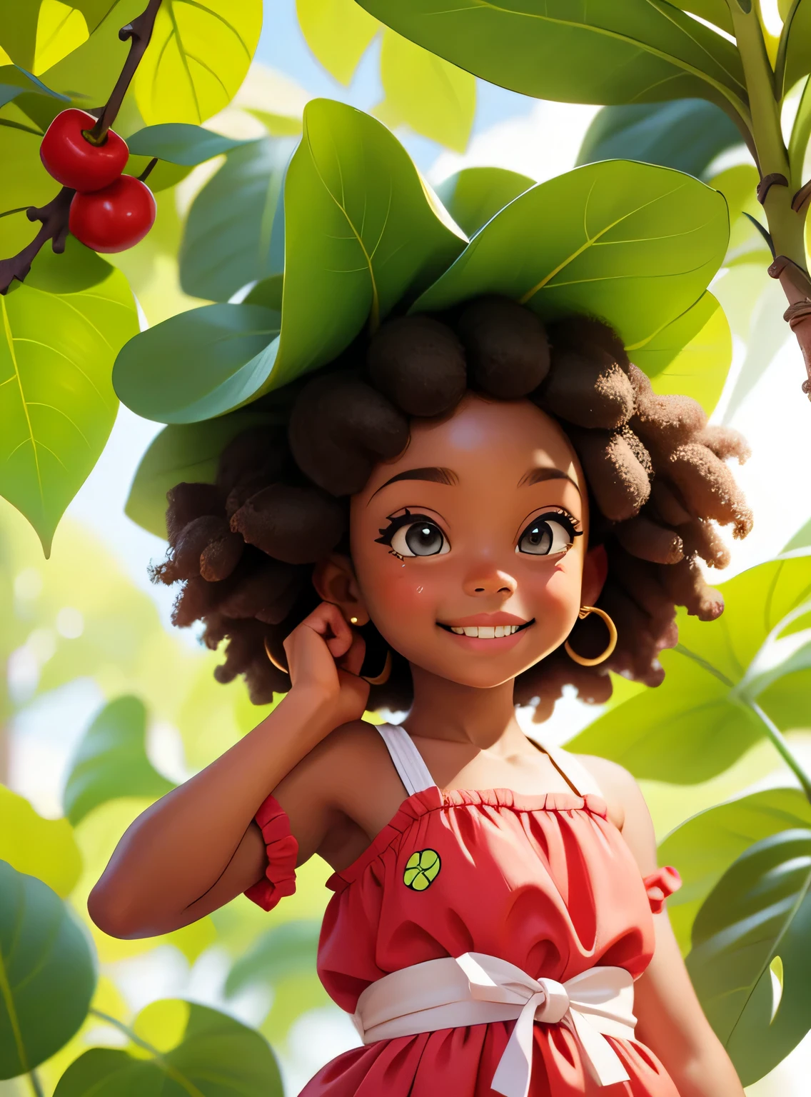 A small smiling afro cherry with cute leaves and a friendly expression sticker :: Fruity and kind :: Red and green colors with cute expressions :: Adesivo 2D