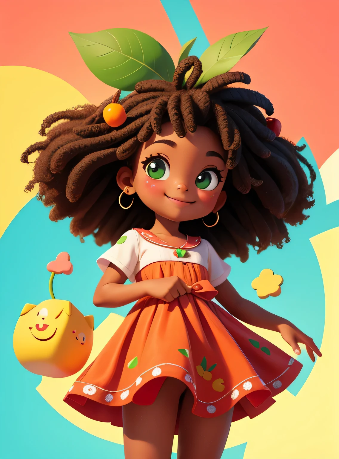 A small smiling afro cherry with cute leaves and a friendly expression sticker :: Fruity and kind :: Red and green colors with cute expressions :: Adesivo 2D