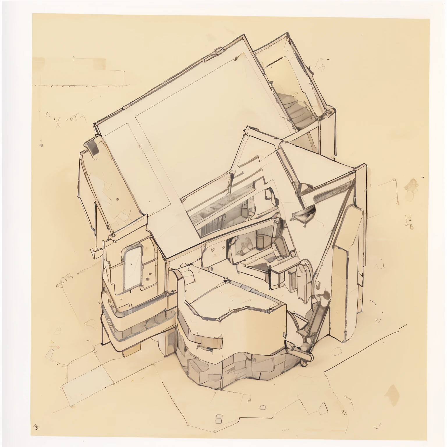 dibujo de una casa con una guitarra en el patio delantero, architectural sketch, isometric perspective view, architectural drawing, isometric view from behind, por Kamisaka Sekka, isometric drawing, Courtesy of MoMA, isometric perspective, por Hans Fischer, axonometric drawings, axonometric, dibujo de arquitectura, por Karel Stech