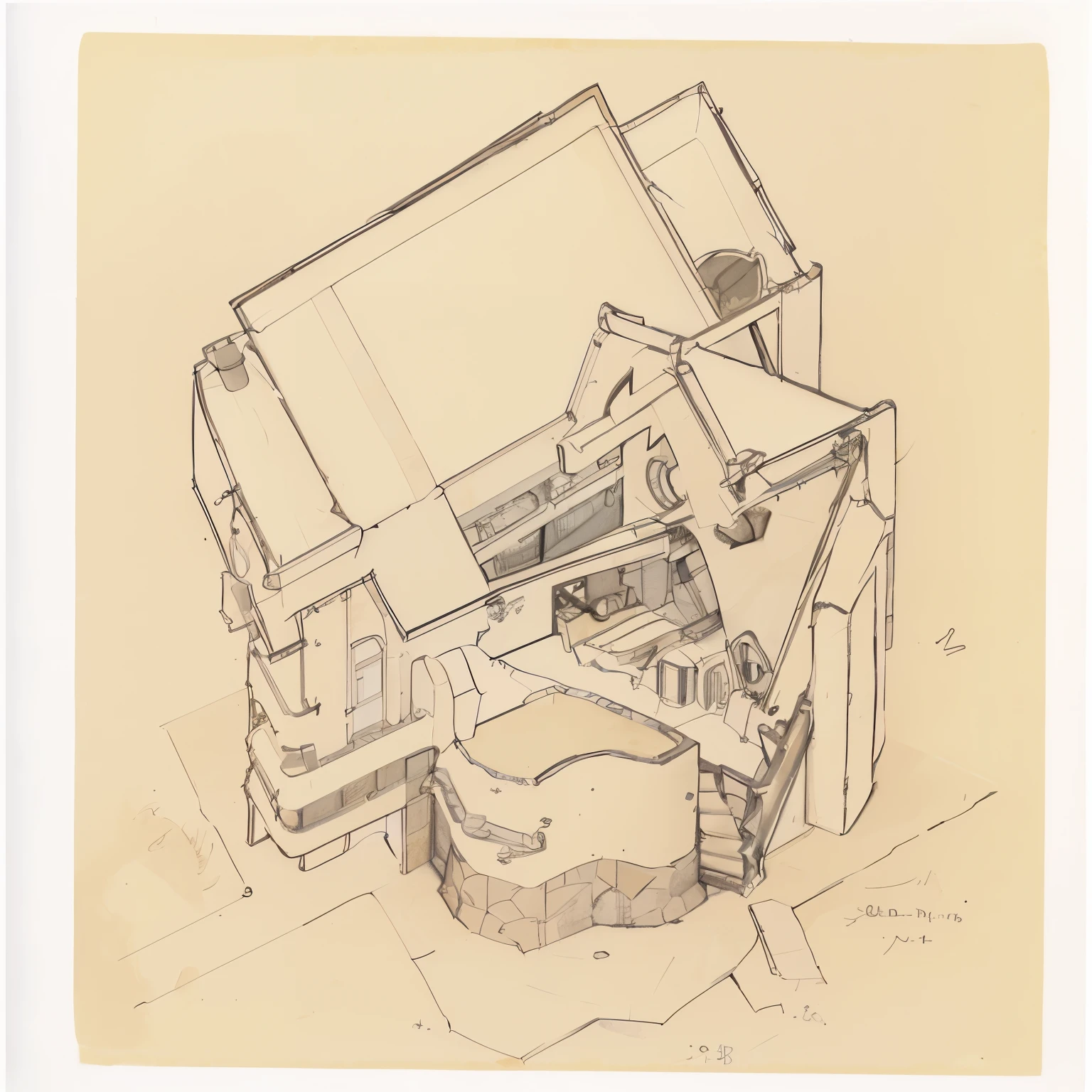 dibujo de una casa con una guitarra en el patio delantero, architectural sketch, isometric perspective view, architectural drawing, isometric view from behind, por Kamisaka Sekka, isometric drawing, Courtesy of MoMA, isometric perspective, por Hans Fischer, axonometric drawings, axonometric, dibujo de arquitectura, por Karel Stech