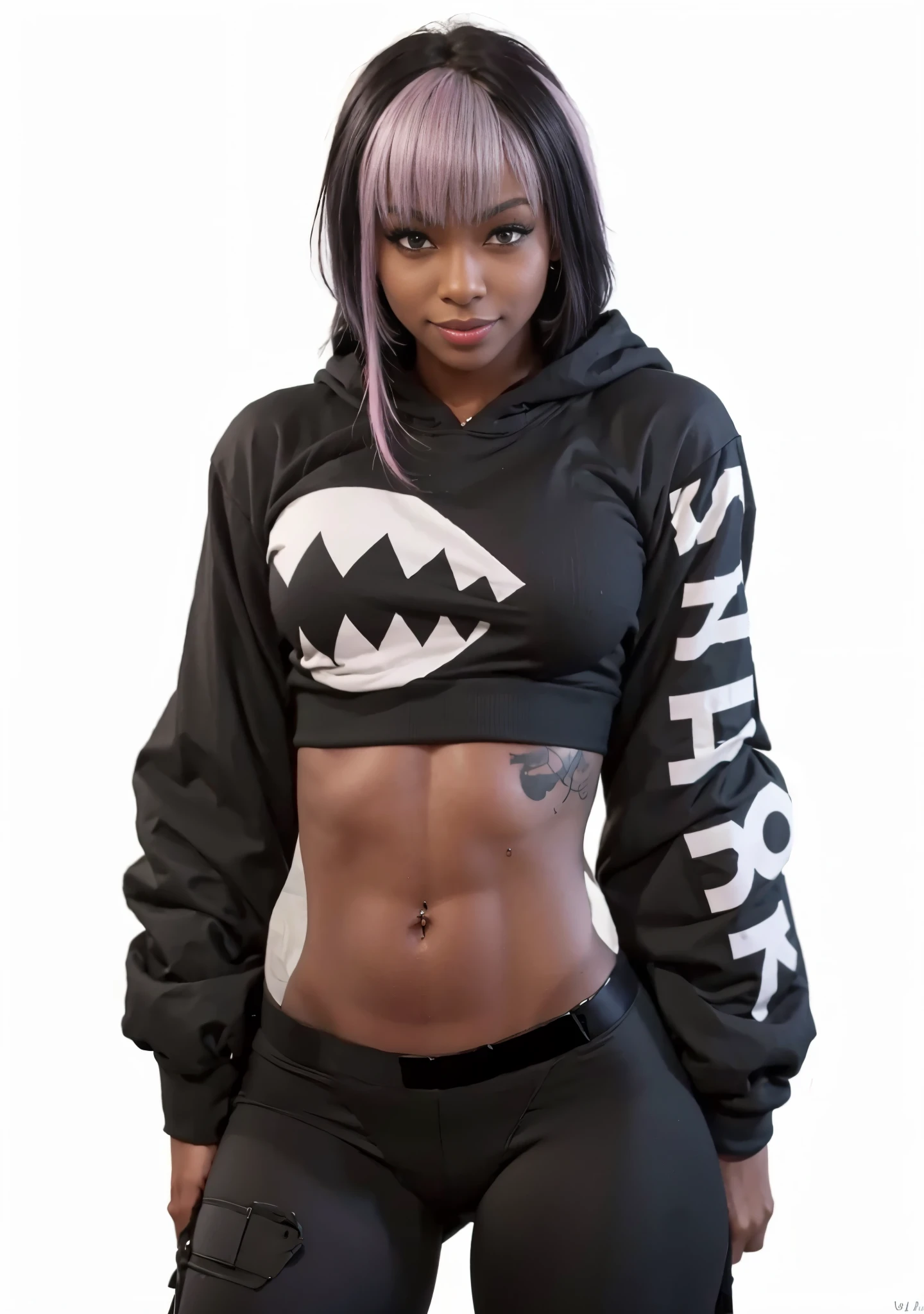 beautiful girl, dark skin, platinum white hair, red eyes, medium breasts, lewd smile, the tattoo