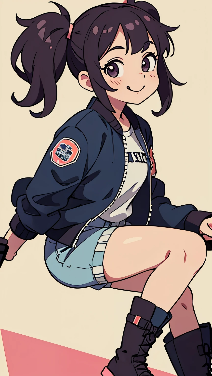 simple background, female, pigtails, two pigtails, shorts, bomber jacket, boots, heeled boots, sticking tongue out, smiling, holding baseball bat, adult female,