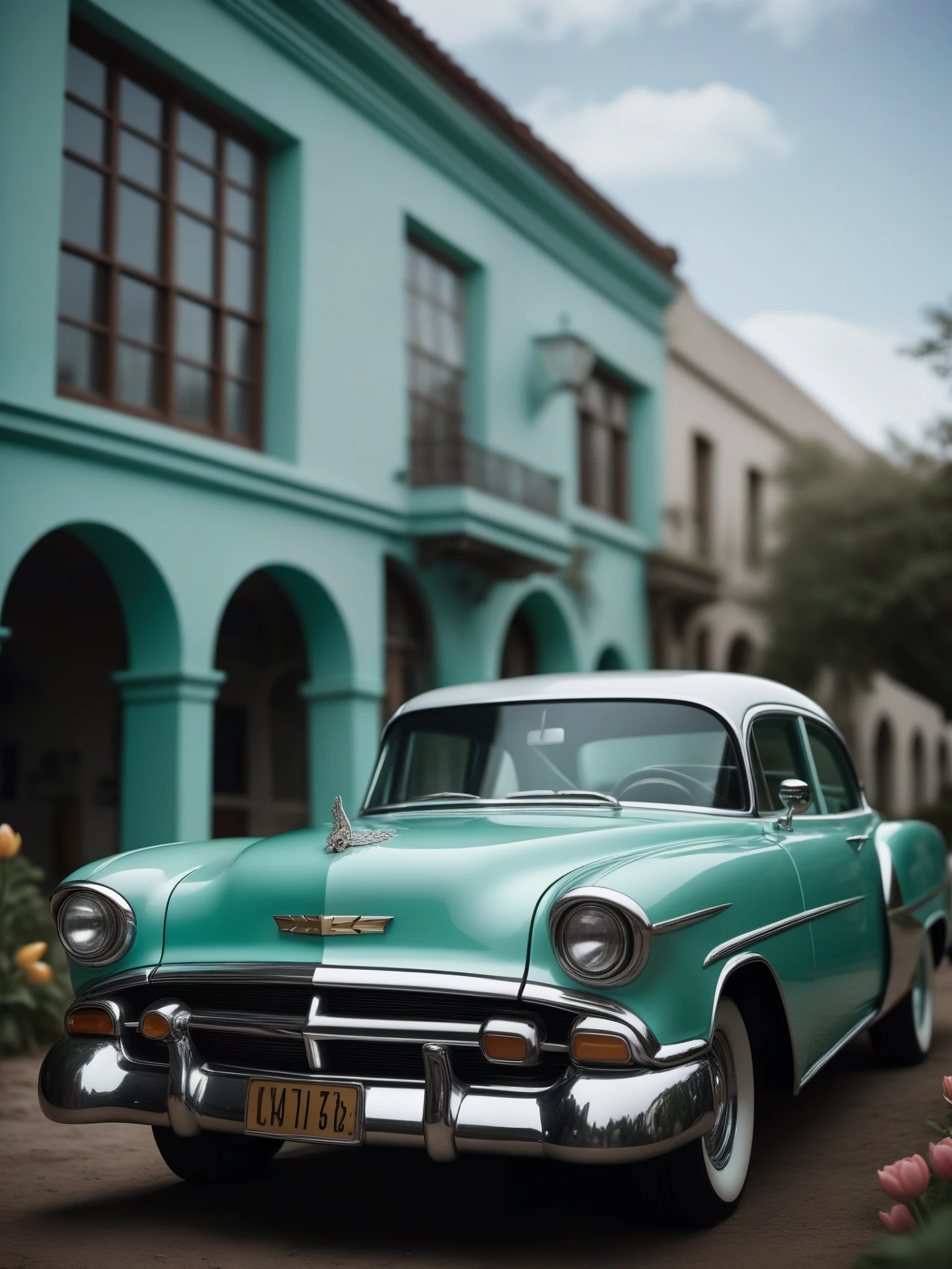 cinematic photo by Mab Graves, (illustration par Mort Knstler:0.8) , (dessins de Gustave Courbet:1.3) , Alebrije Art of intricate details:insaisissable:18] wabi-sabi Chevrolet, Stupid details, Tulip in the background, concentration profonde, satisfaisant, brutaliste, Lumière indirecte, mise au point sélective, Neon mint green and silver tint . photographie 35 mm, film, Bokeh, professionnel, 4K, Very detailed