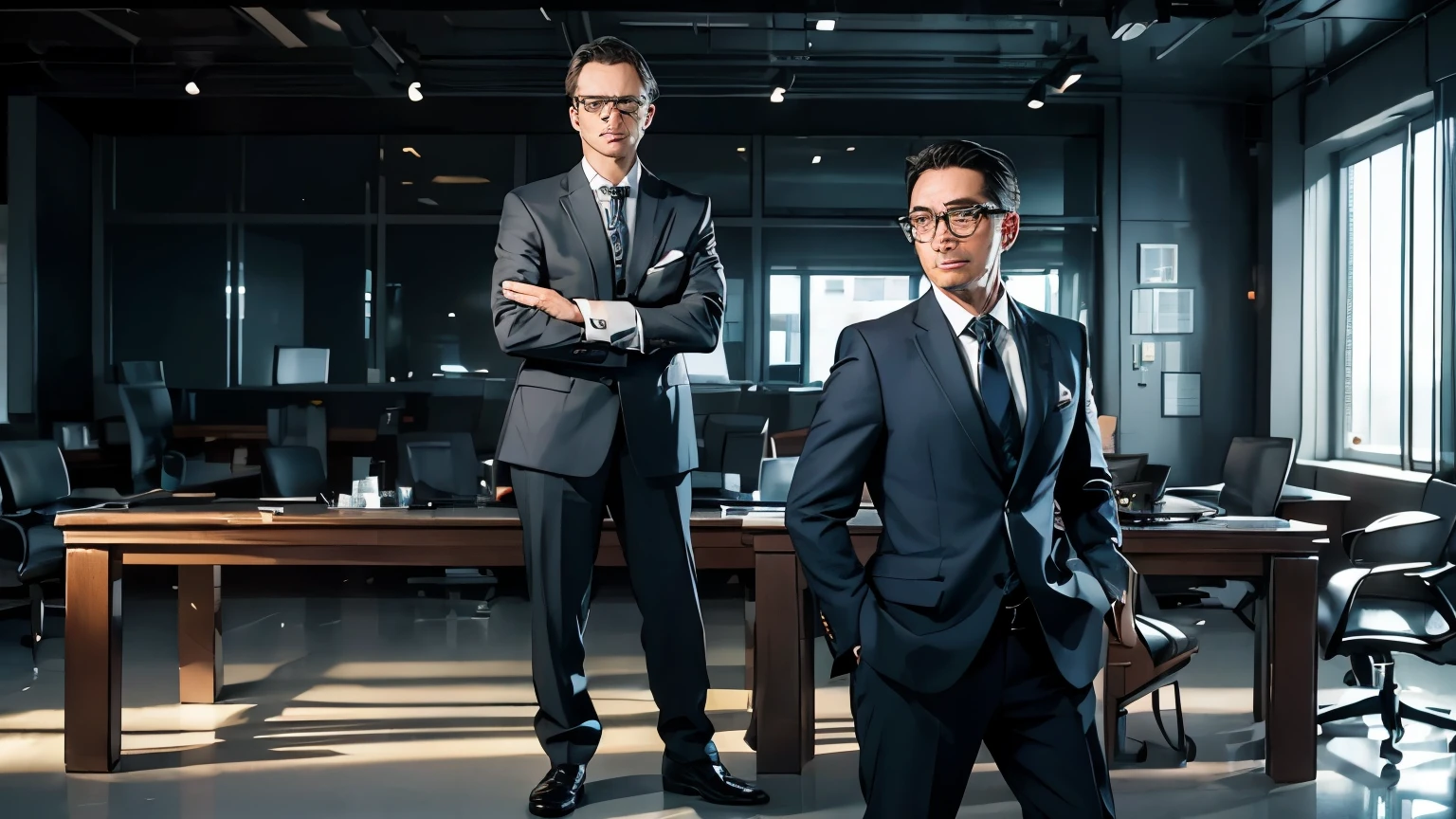 (Realistic business men speaking image, 4k high-resolution: 1.37), Ultra-detailed and authentic portrayal of business men engaged in a serious conversation, Realistic textures and lighting, Physically-based rendering, High contrast environmental lighting, Sharp focus on their faces conveying intense concentration, Use of PBR texturing for realistic materials, Natural colors and tones, Realistic facial expressions and body language, Crisp and clear audio capturing their speech, Attire featuring suits and ties, Vivid reflections on polished shoes and glasses, Thirds rule composition for added depth and dimension.