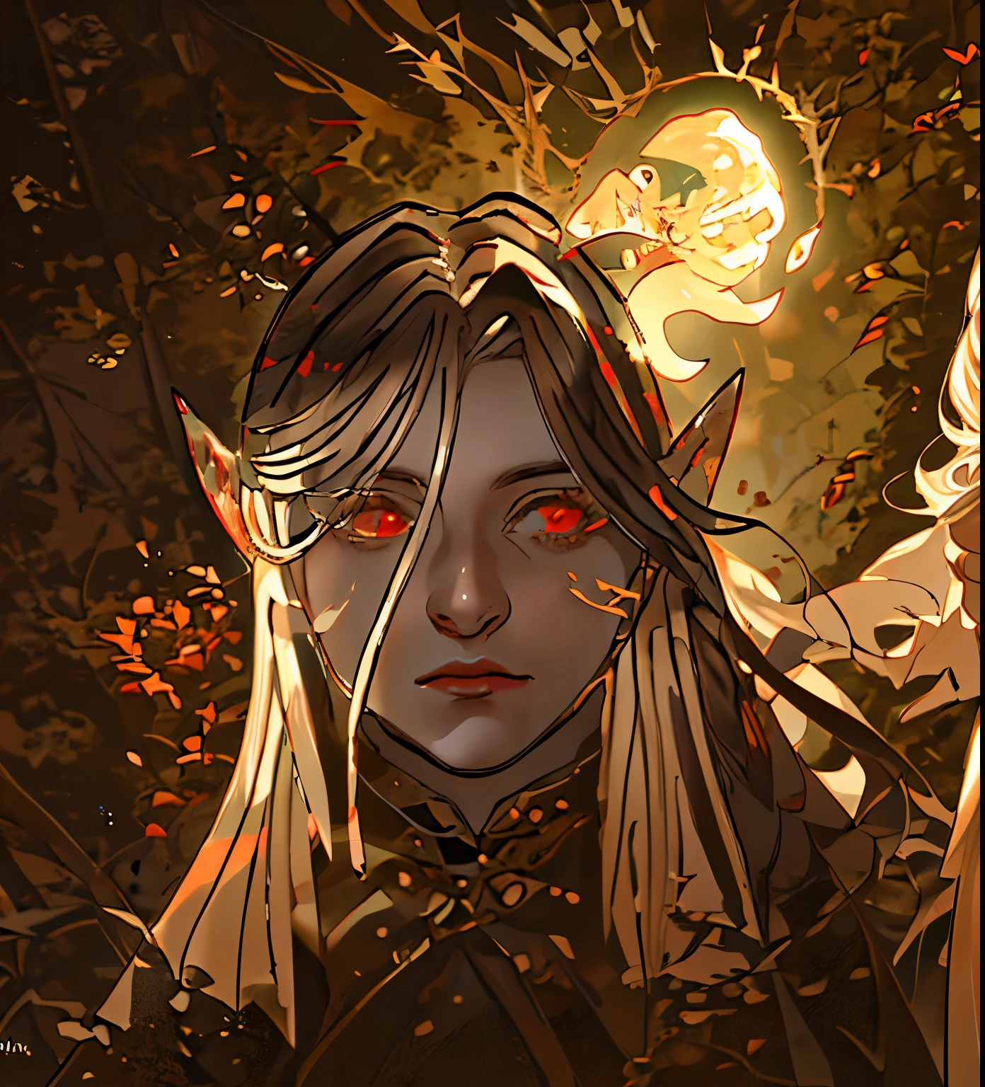 drawing of a feminine Fey man with two fey horns on one side of his face, dnd character, horns and red eyes, sylvan inquisitor, Fairy hunter