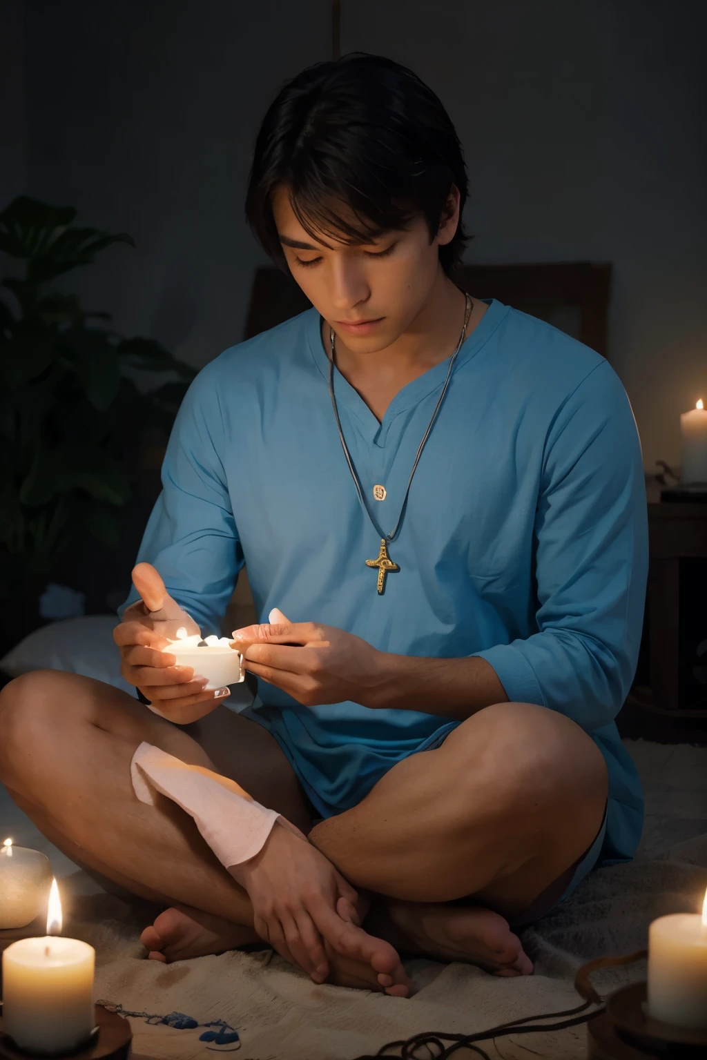 Describe a visually inspiring and spiritual scene, incorporating symbolic elements that convey peace, self-discovery, and connection with the divine. Consider including soft colors, such as blues and pastels, and elements like a lit candle, spiritual symbols, with a man in the center and a serene landscape that evokes tranquility. Ensure that the image is in full HD and at maximum resolution. let it be as realistic as possible