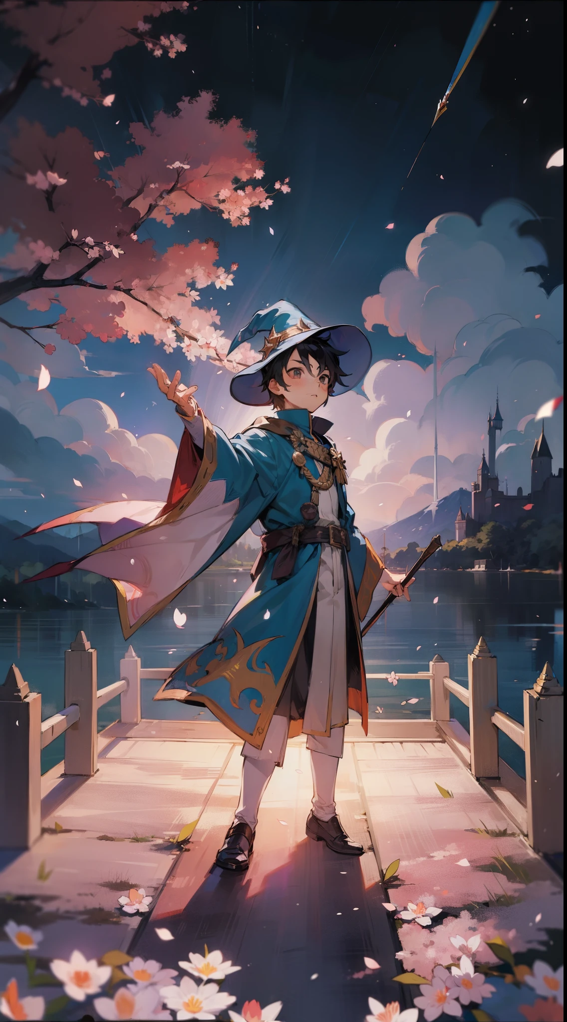 ((Boy wearing Wizard Outfit):1.5), (1 Hand raised), (Sakura tree), (lake) , (night) , (fireworks) , (falling petals), by Yoshihiko Wada, official art, martin ansin, in demon slayer art, casimir art, color spread, comic cover art, botw style, key anime art, oz, Counterfeit v3 anime style