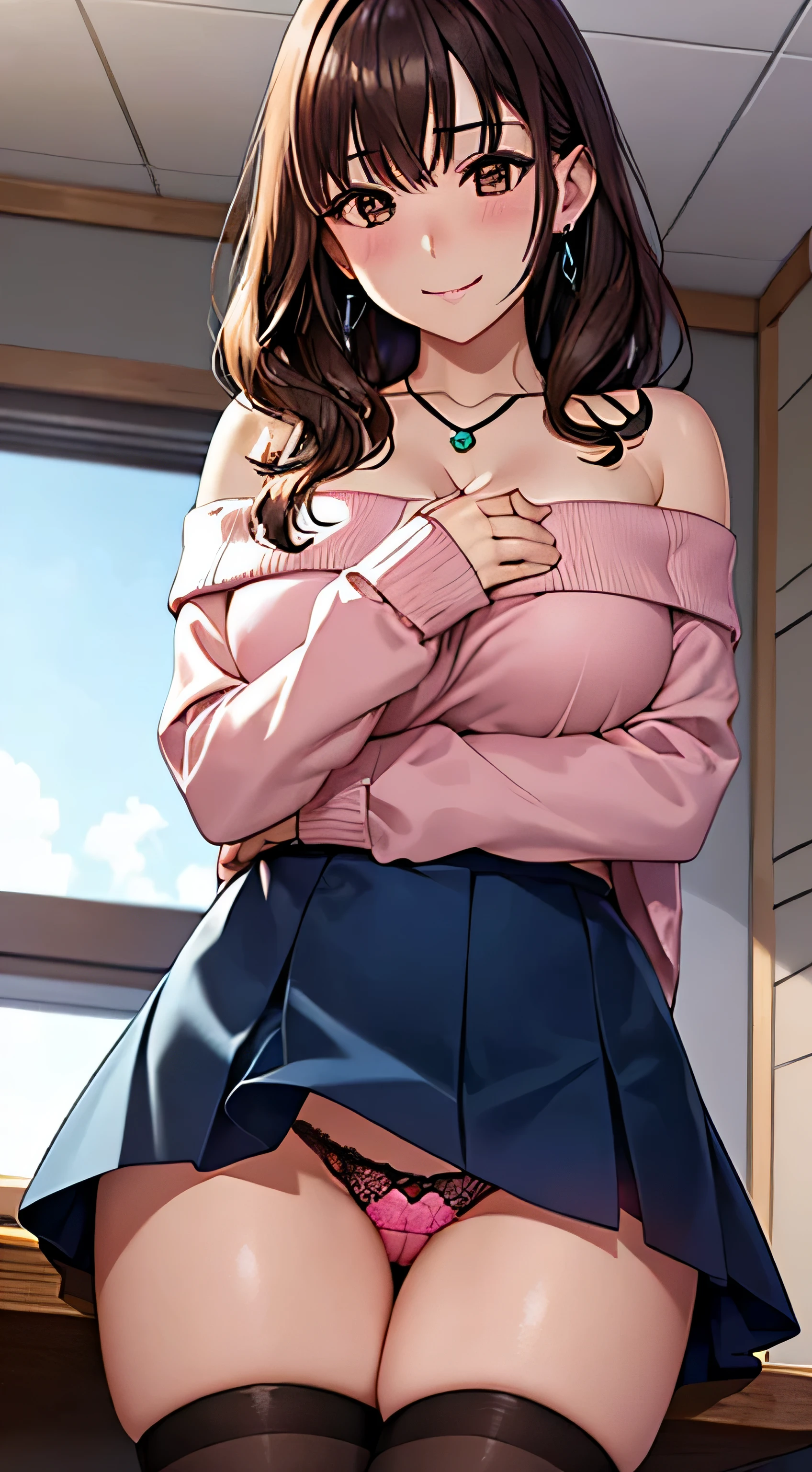 (table top, highest quality, High resolution, , perfect pixel, 4k,), 1 girl, single, alone, Beautiful woman、I could see the whole body、 ((Wavy mid-hair, bangs, brown hair)), ((brown eyes, beautiful eyelashes, realistic eyes)), ((detailed face, blush:1.2)), ((smooth texture:0.75, realistic texture:0.65, realistic:1.1, Anime CG style)), soft big breasts, dynamic angle, perfect body, ((, female teacher, , earrings、necklace、off shoulder sweater、Dark blue flared skirt、black knee high stockings、open both legs wide、、shy smile)), Upper grade、、、evening、sit at desk、((close your chest with both hands、You can see pink lace panties)、angle from below)、