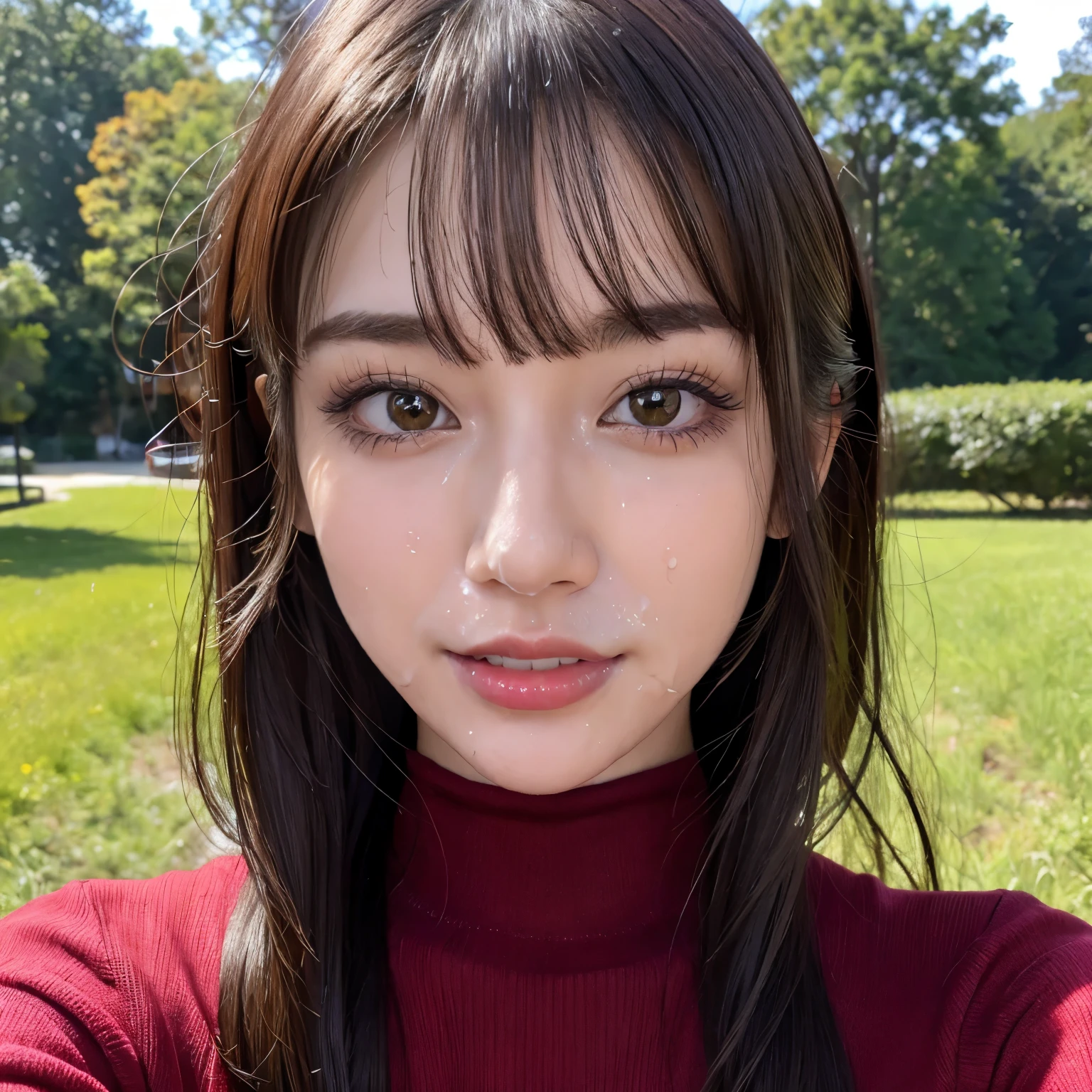 (highest quality、table top、8k、best image quality、Award-winning work)、one beautiful woman、25 years old、(Fixed front configuration:1.1)、(bright, Perfectly fitted dark red turtleneck tight knit sweater:1.1)、look at me and smile、(strongly blurred natural park background:1.1)、droopy eyes、natural makeup、With bangs、long hair、Ultra high definition beauty face、(Super high resolution perfect beautiful teeth:1.1)、ultra high definition hair、Super high-definition sparkling eyes、Super high resolution glossy lips、accurate anatomy、(very bright and vivid:1.3)、(close up of face:1.3)、(There is a lot of mucus on the face:1.5)、(大量の粘液を描けられたclose up of face:1.5)