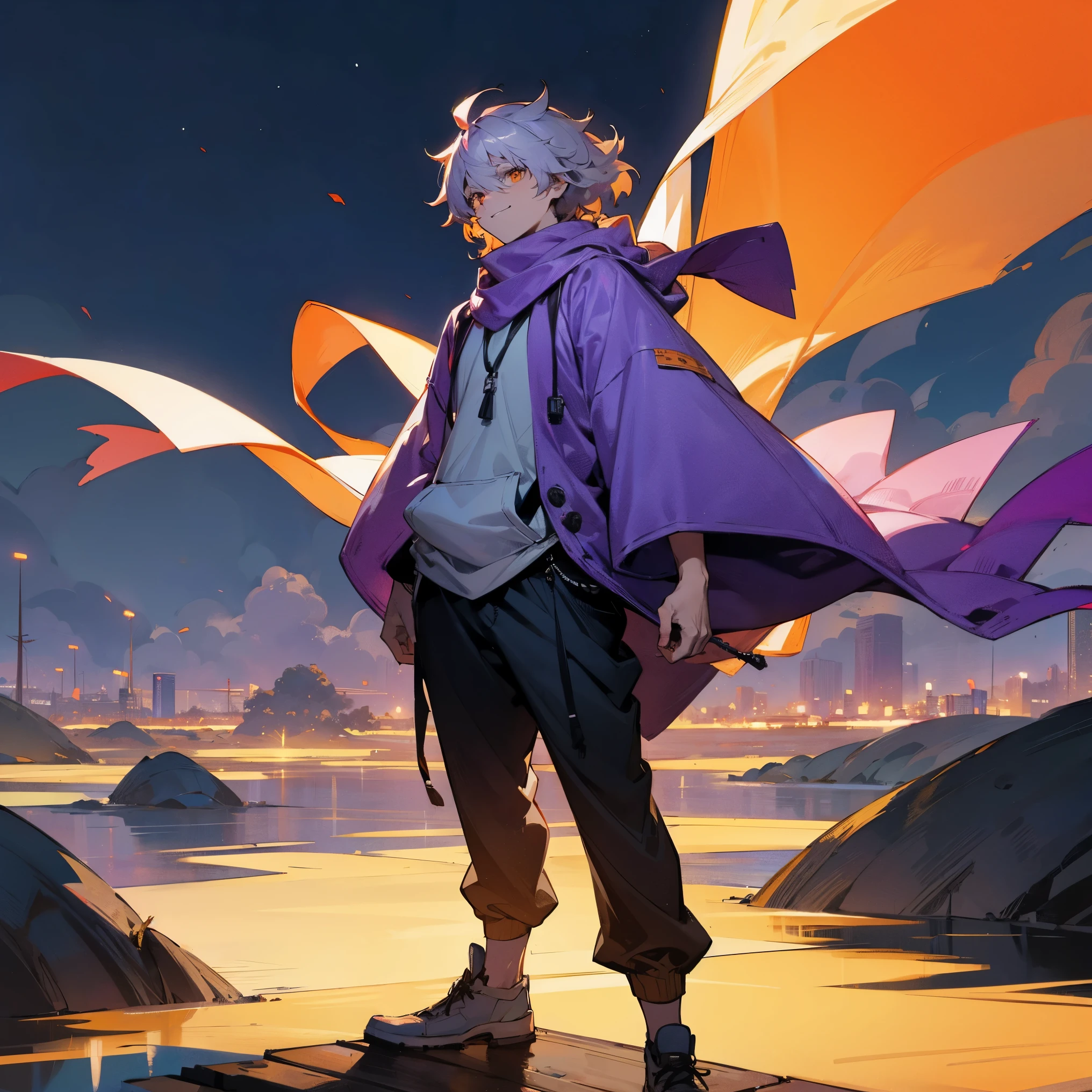1male, adult, finely detailed orange eyes, medium messy hair, pale grey ombré purple hair color, loose oversized hoodie, loose baggy pants, standing with arms folded, standing on open trail, night, confident smile, village, muscular, serious, scarf