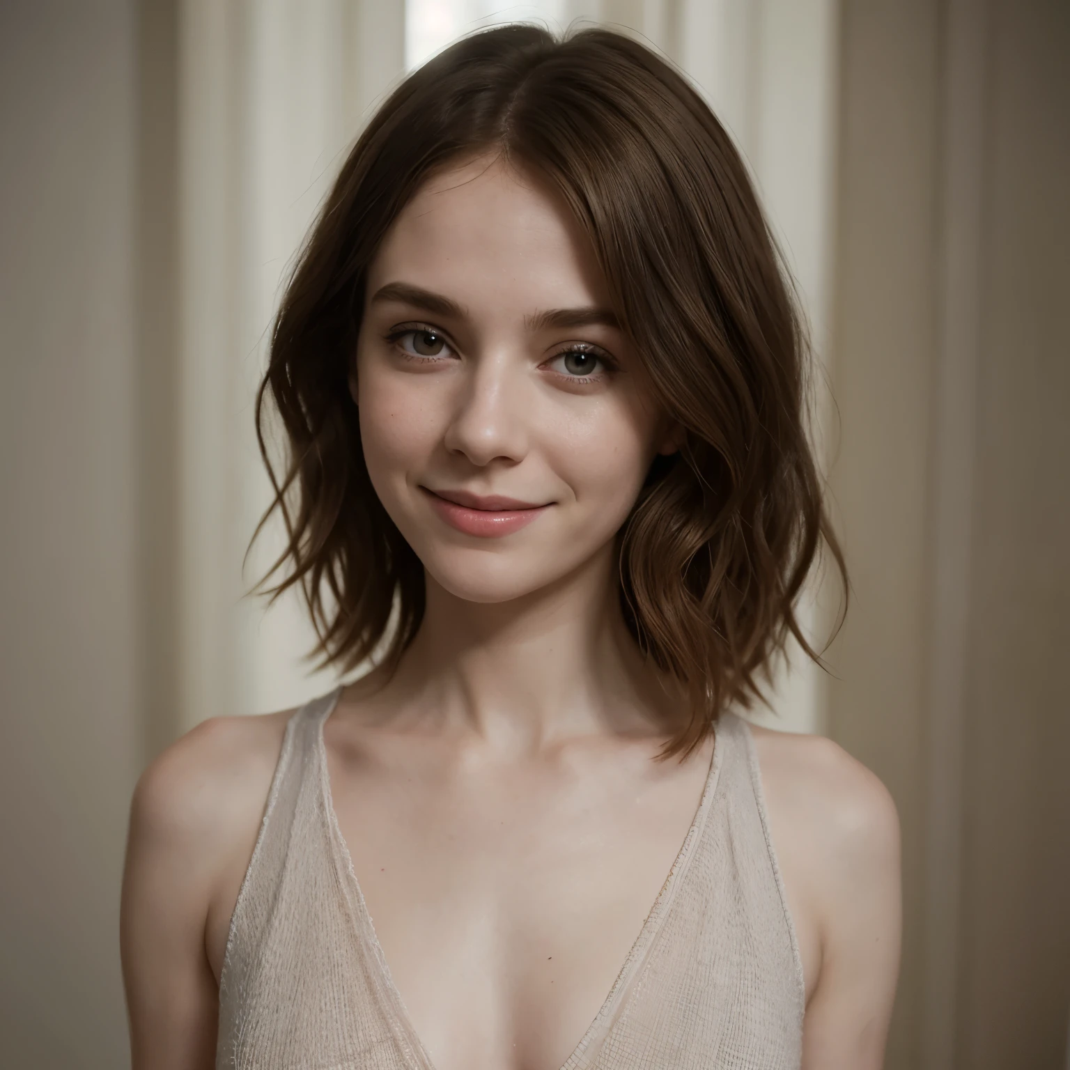 arafed woman with a big breast posing for a picture, cinematic headshot portrait, elizabeth olsen, headshot portrait, closeup headshot portrait, leesha hannigan, short brown hair and large eyes, inspired by Elizabeth Polunin, stunning closeupheadshot, brown short hair, with short hair, soft portrait shot 8 k, 50mm portrait, promotional portrait